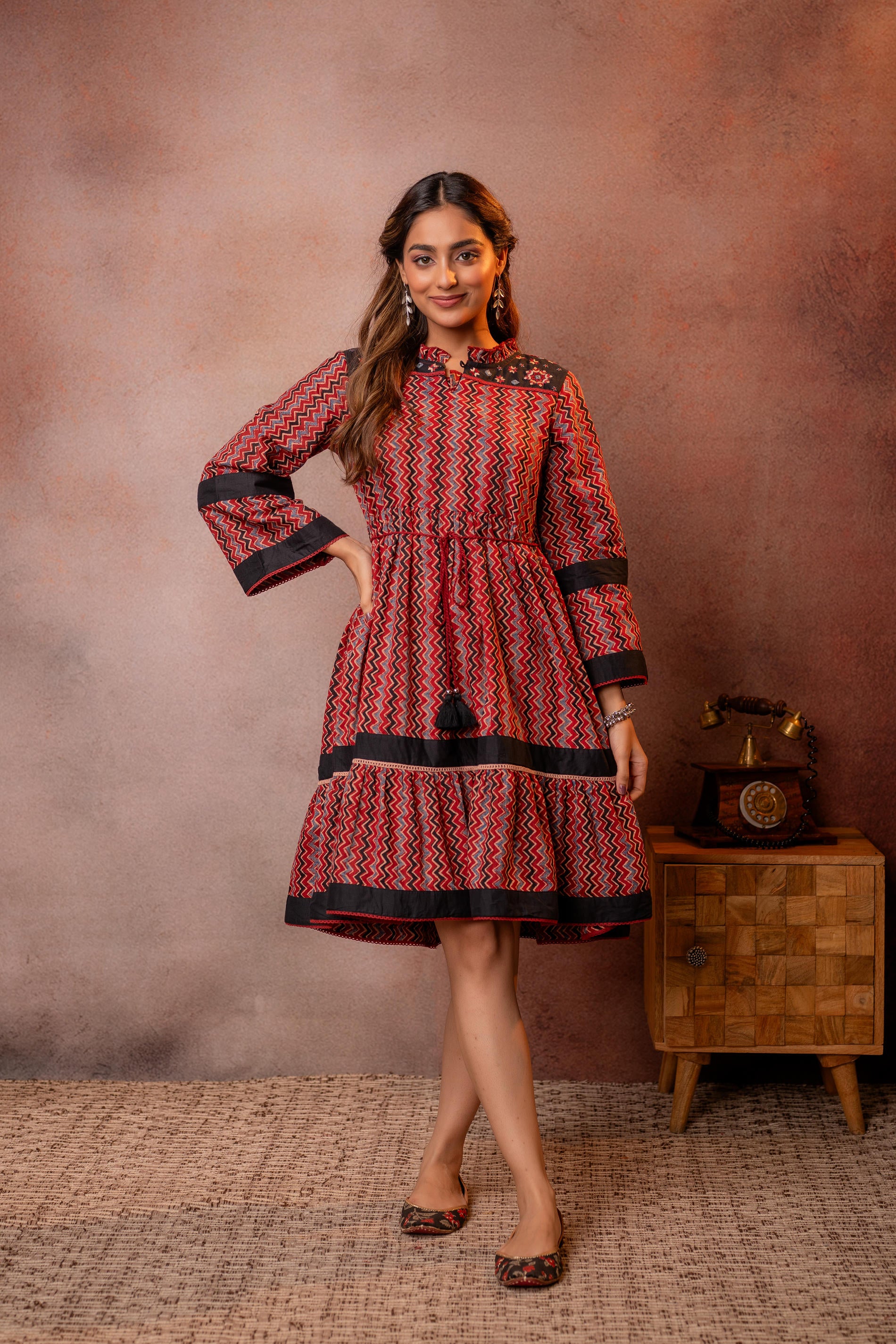 Maroon & Black Chevron Printed Flared Dress