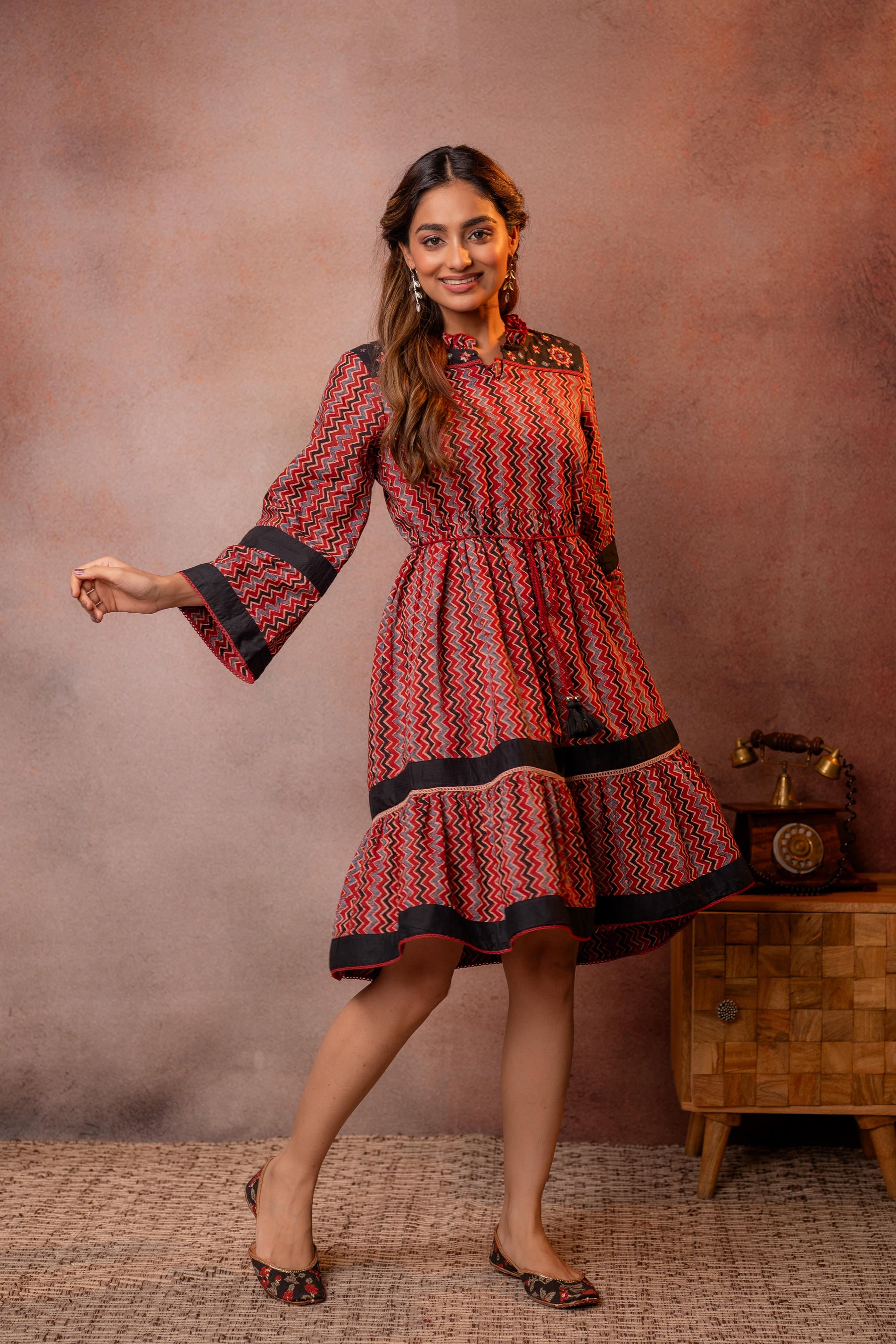 Maroon & Black Chevron Printed Flared Dress