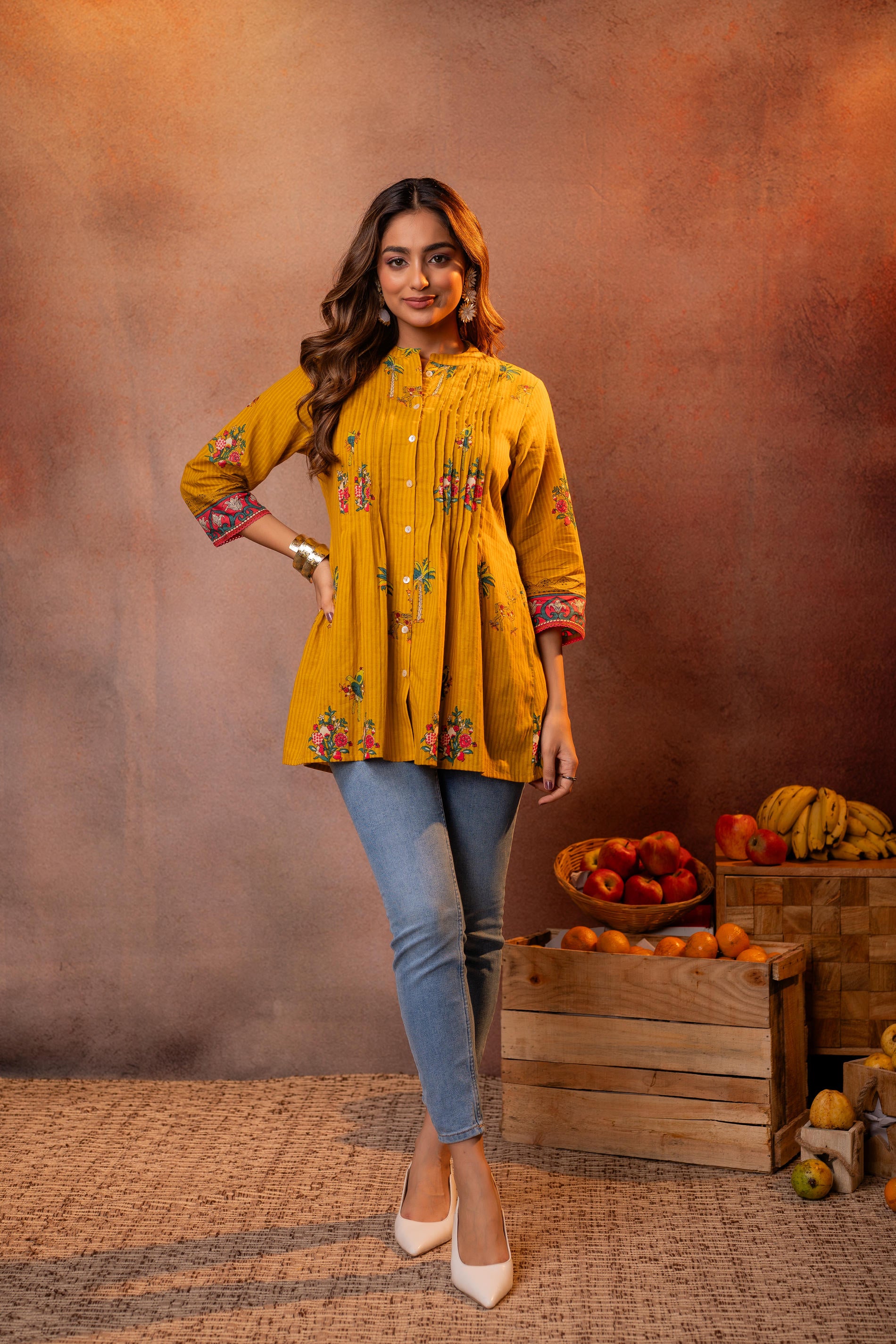 Mustard Palm Pintuck Tunic