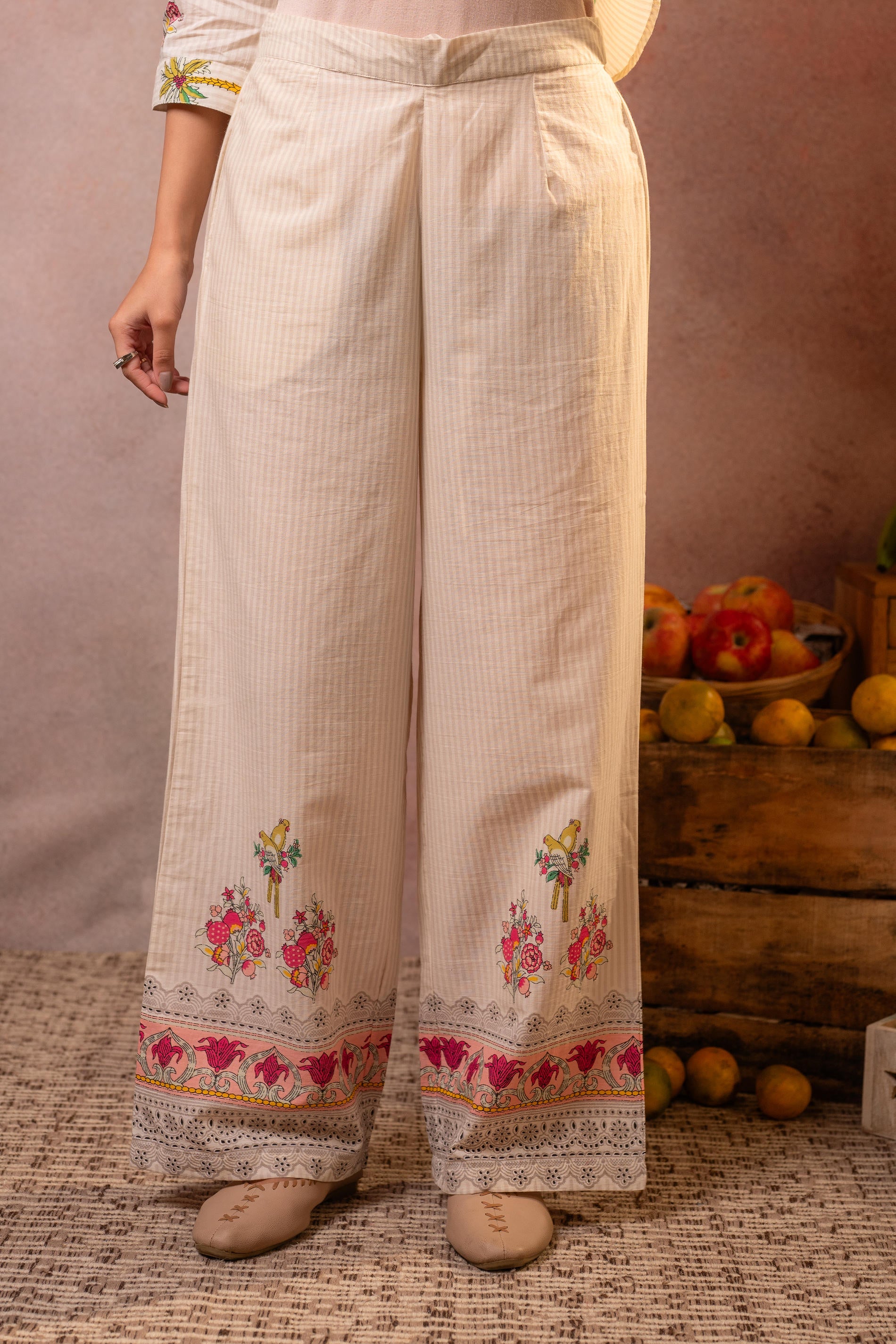 Beige Palm Bloom Stripe Kurta Set
