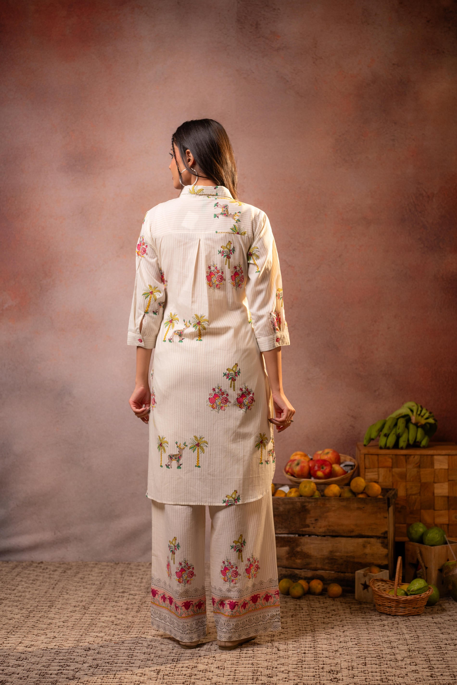 Beige Palm Bloom Stripe Kurta Set