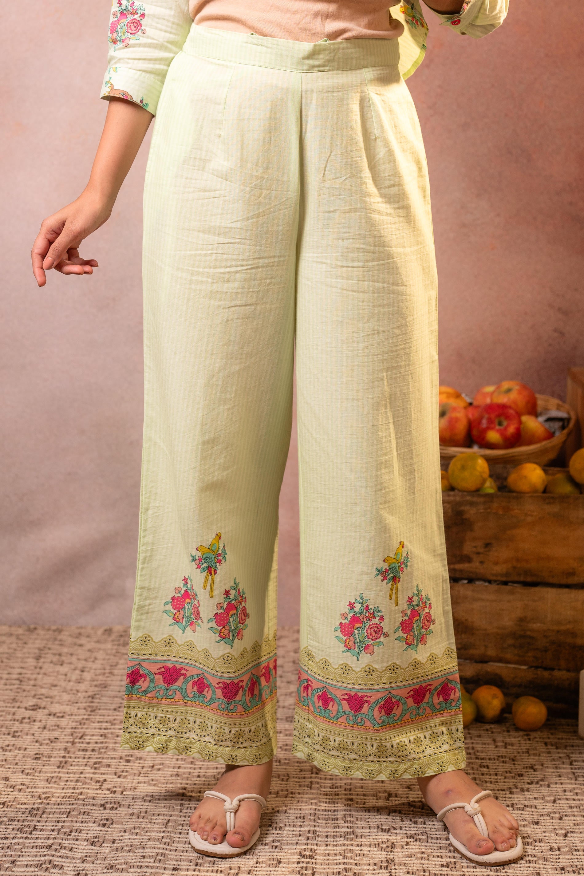 Light Green Palm Bloom Stripe Kurta Set
