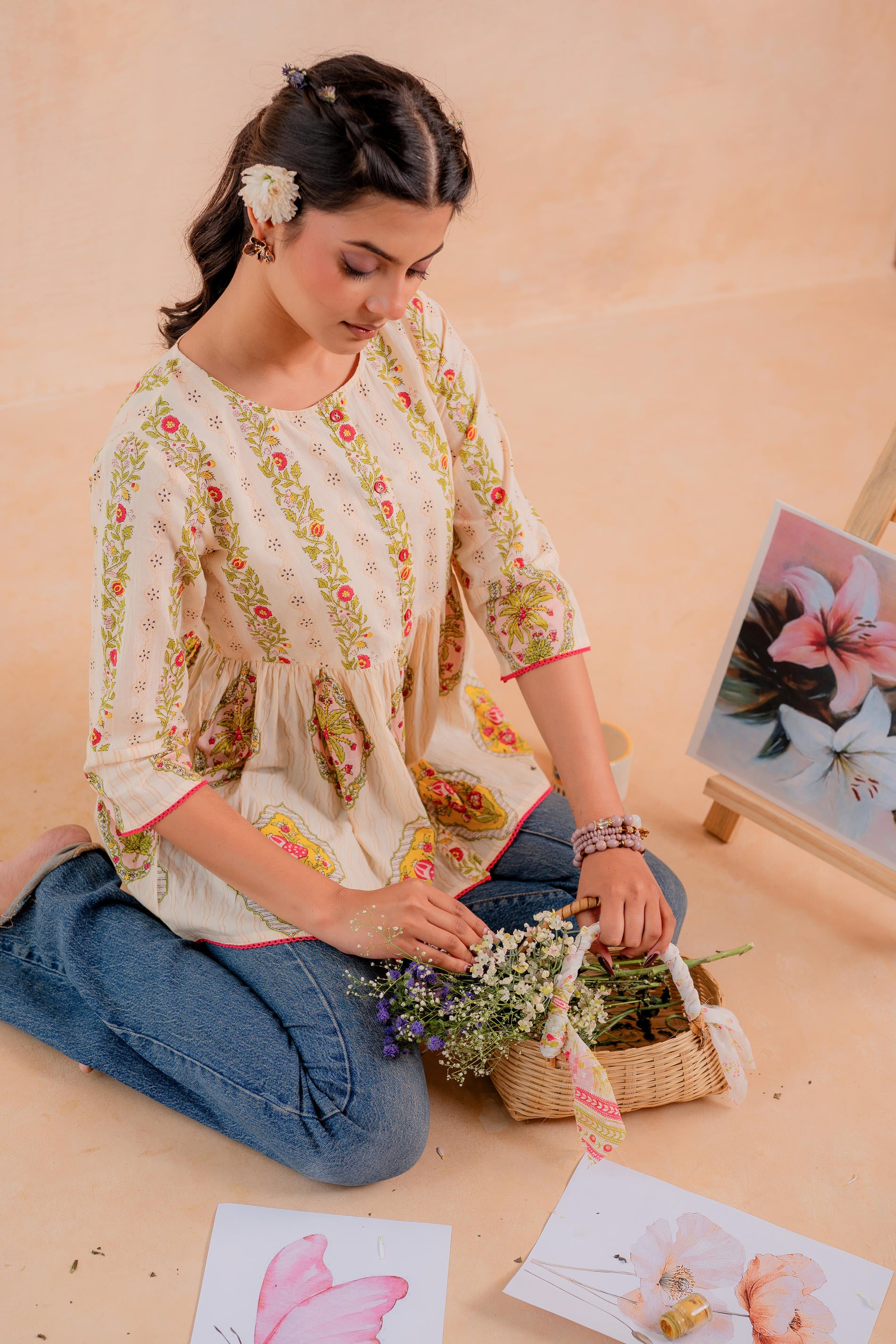 Beige Printed Flared Ethnic Tunic with Button Placket