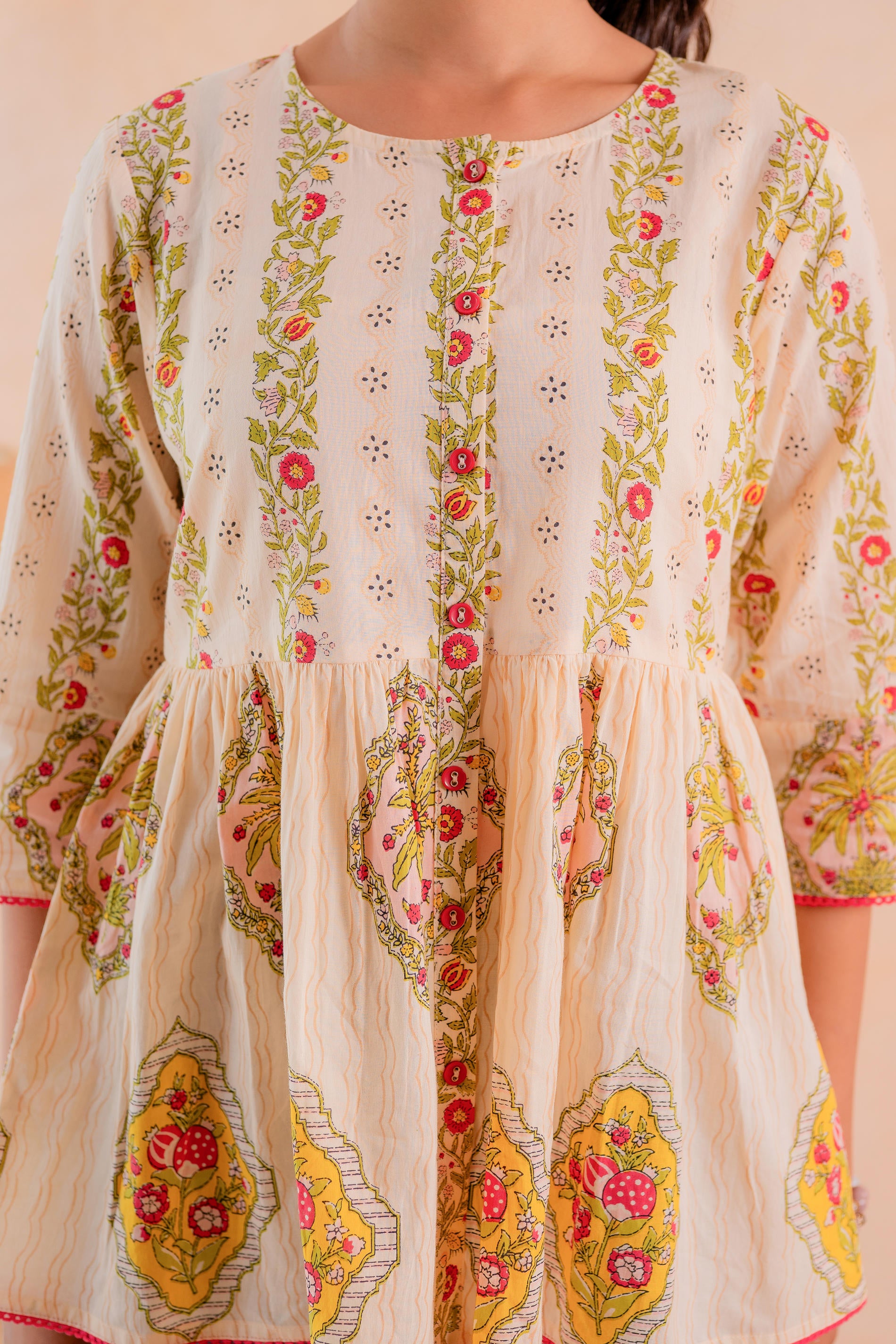 Beige Printed Flared Ethnic Tunic with Button Placket