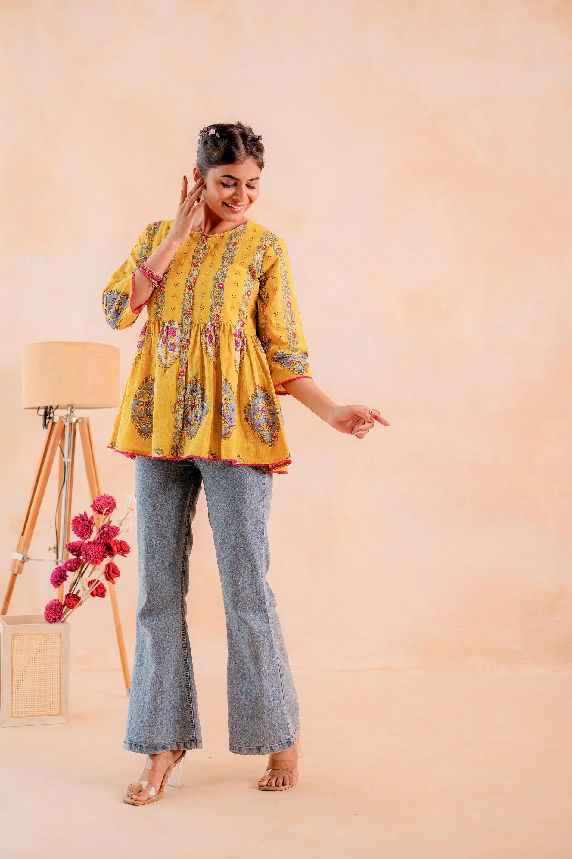 Mustard Printed Flared Ethnic Tunic with Button Placket
