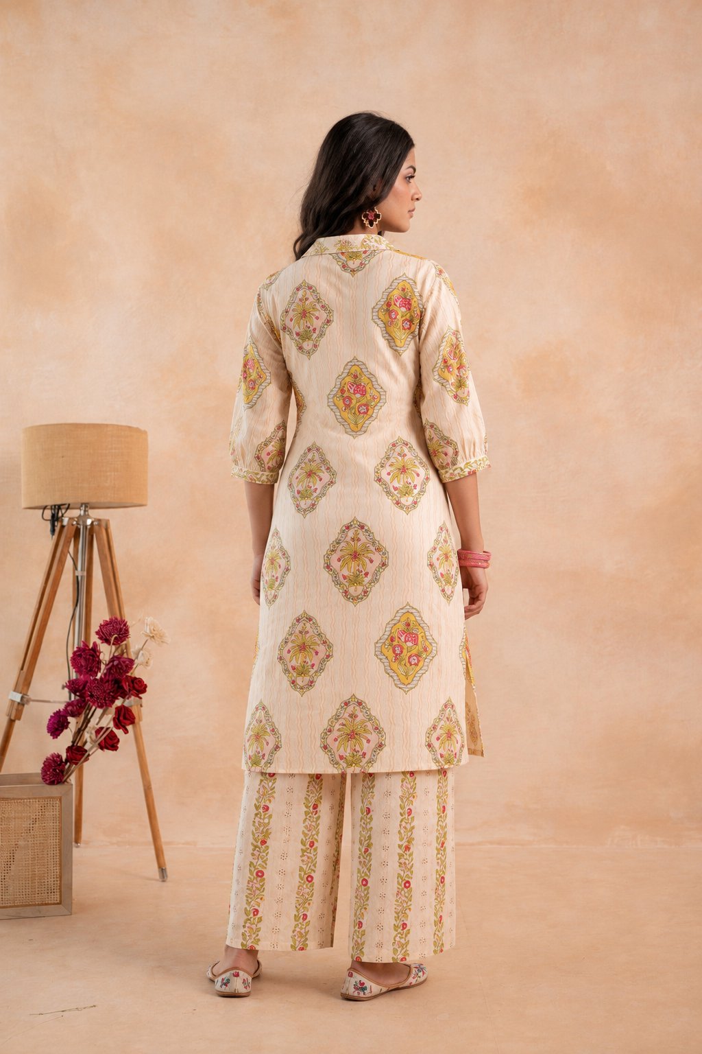 Beige Heritage Print Kurta And Pant Set