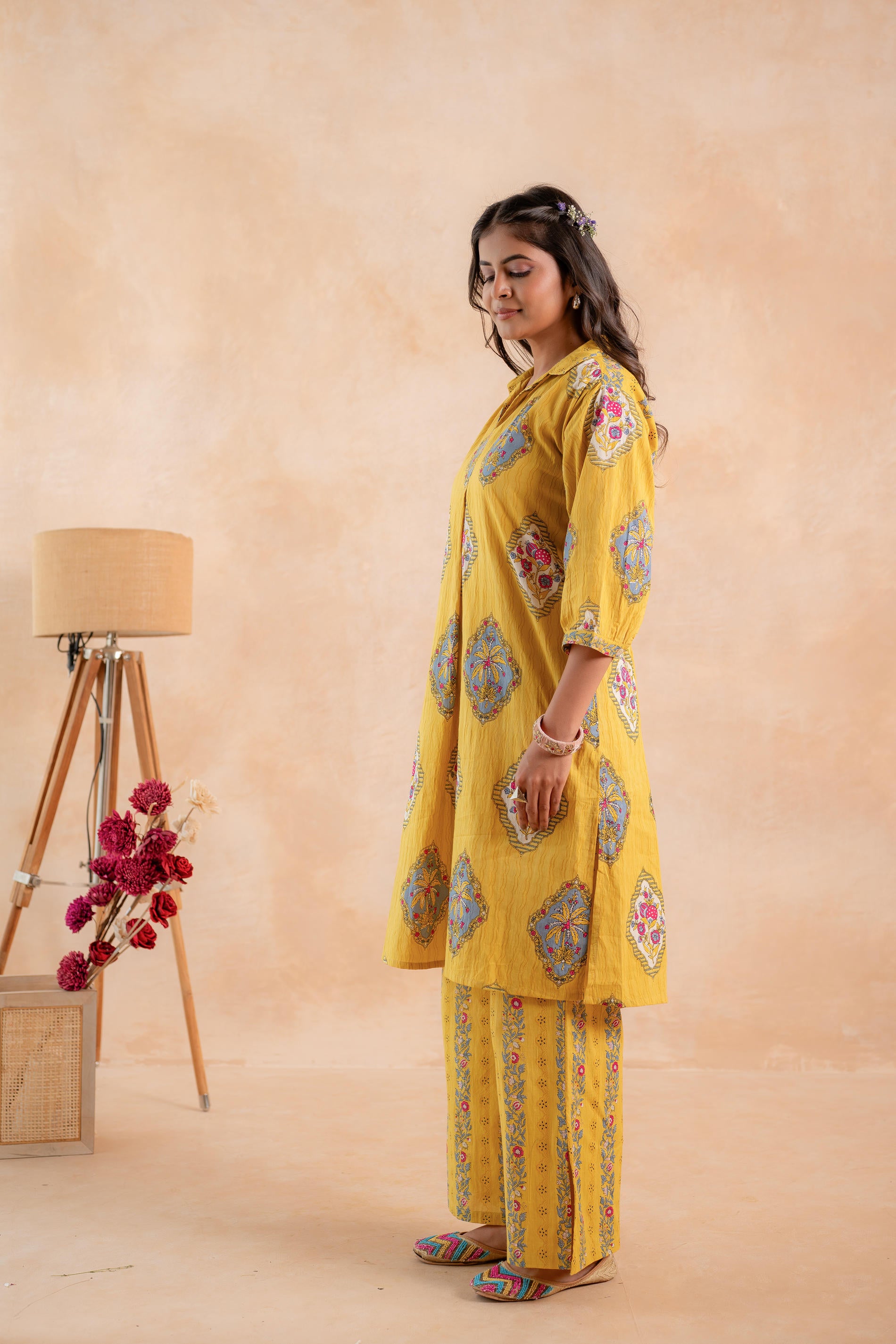Mustard Heritage Print Kurta And Pant Set
