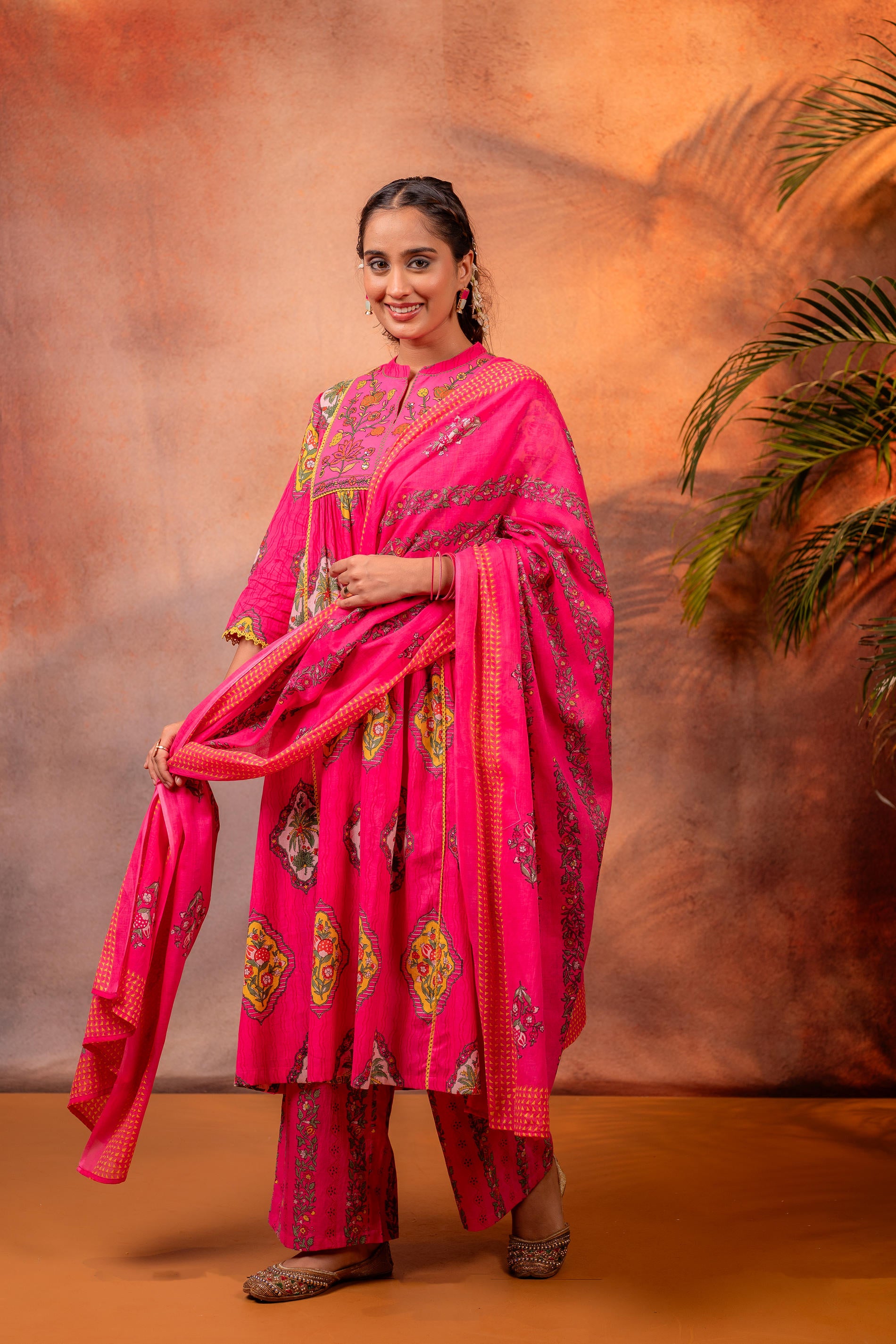 Graceful Fuchsia Floral Anarkali Kurta Set with Dupatta