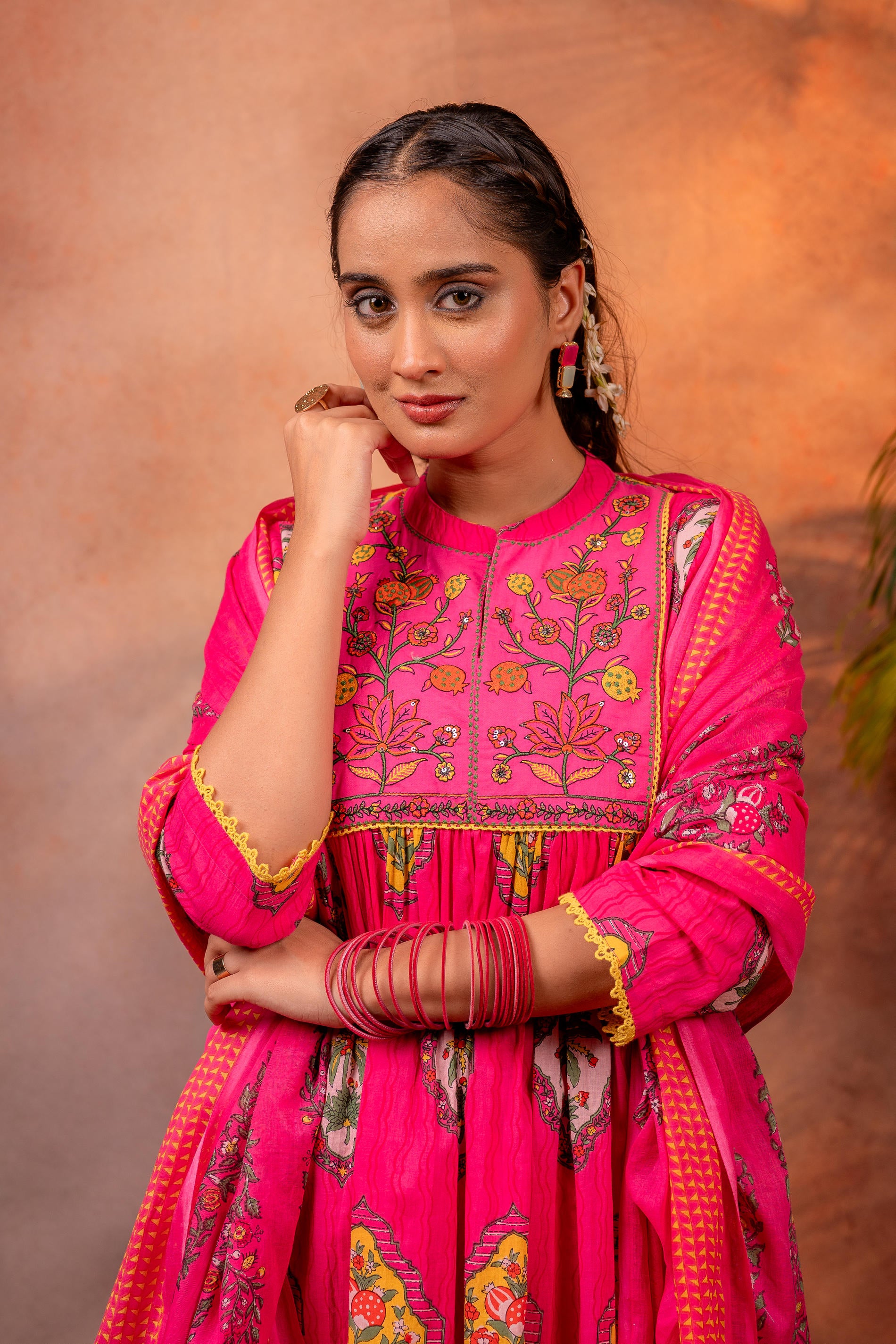 Graceful Fuchsia Floral Anarkali Kurta Set with Dupatta