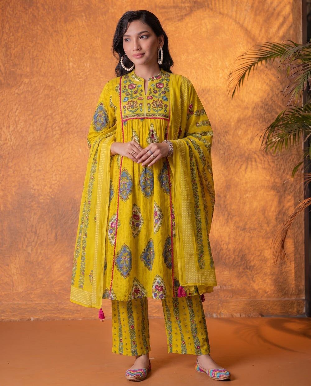 Graceful Mustard Floral Anarkali Kurta Set with Dupatta