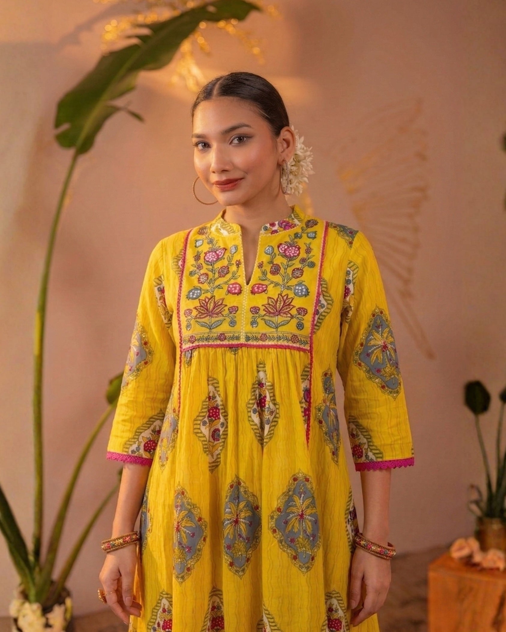 Graceful Mustard Floral Anarkali Kurta Set with Dupatta