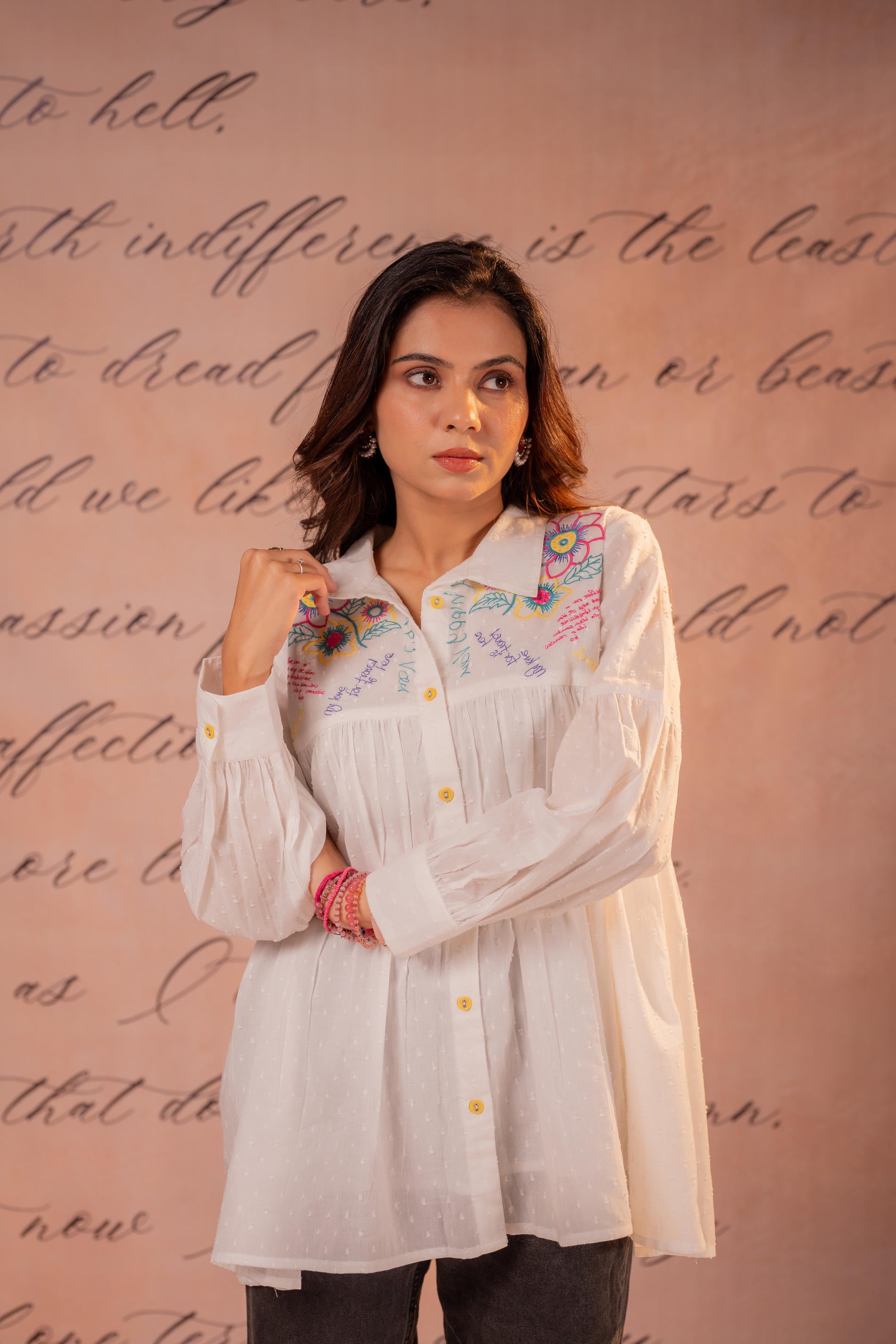White Printed Gathered Shirt