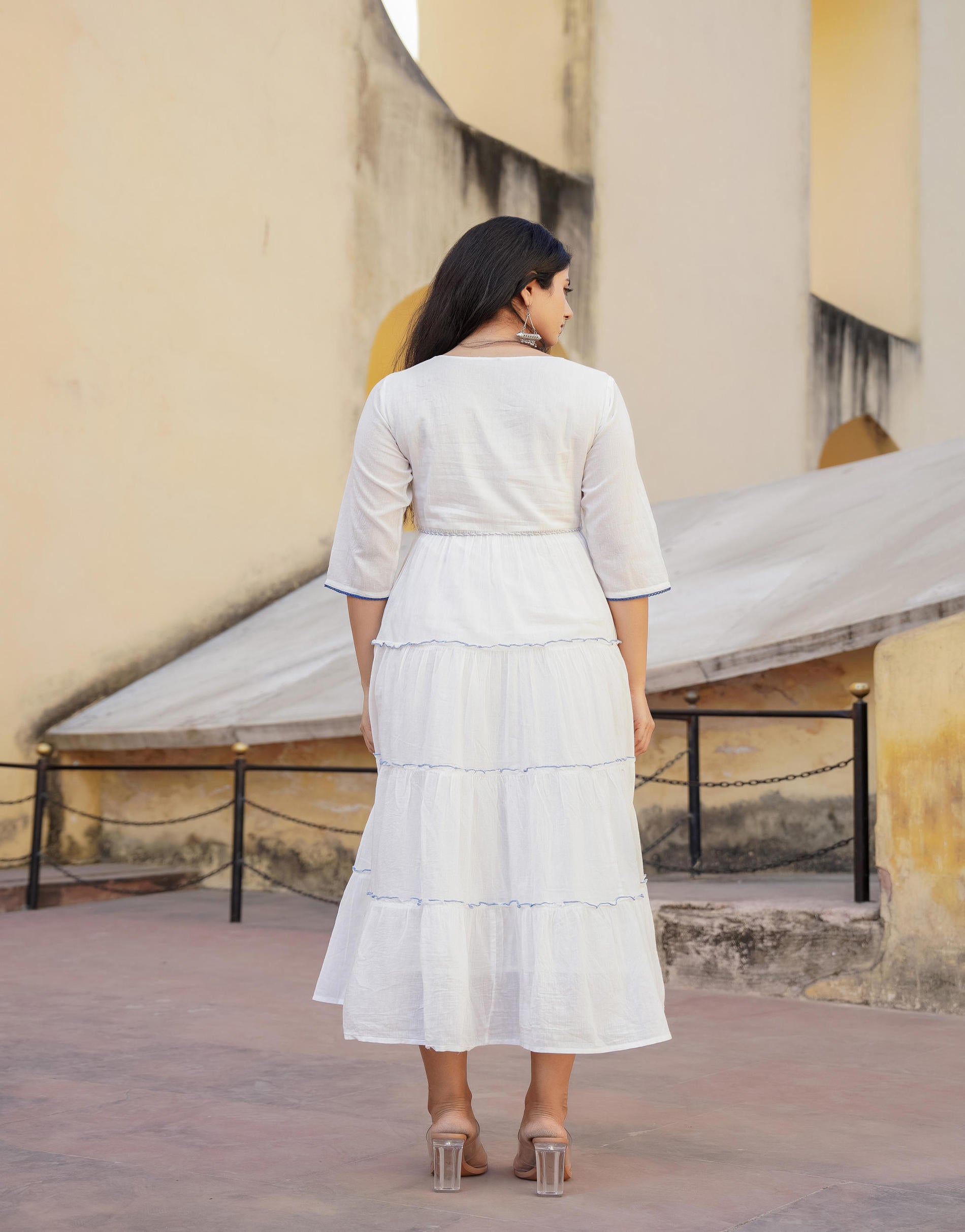 White Tiered Ethnic Maxi Dress with Powder Blue Floral Embroidery