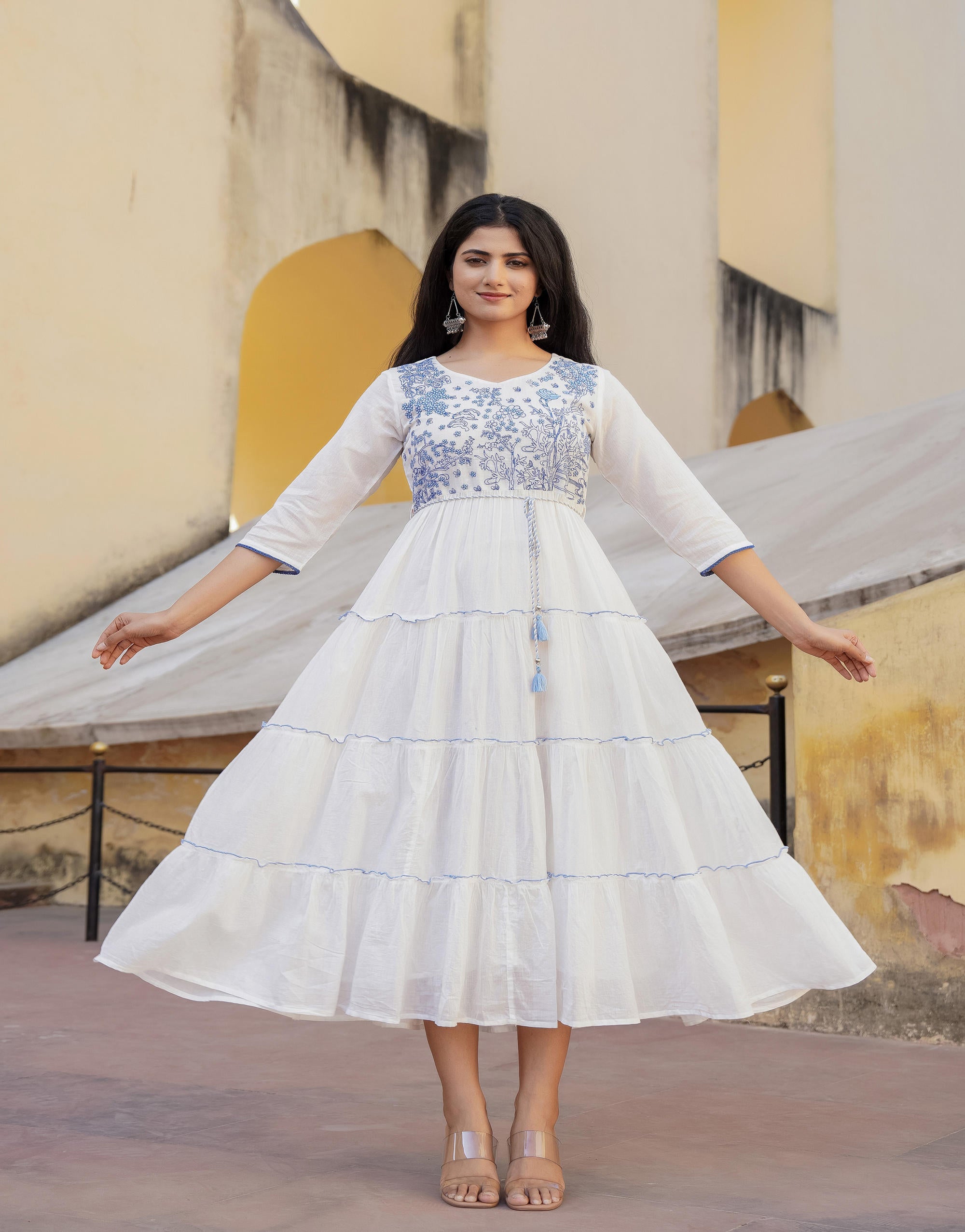 White Tiered Ethnic Maxi Dress with Powder Blue Floral Embroidery