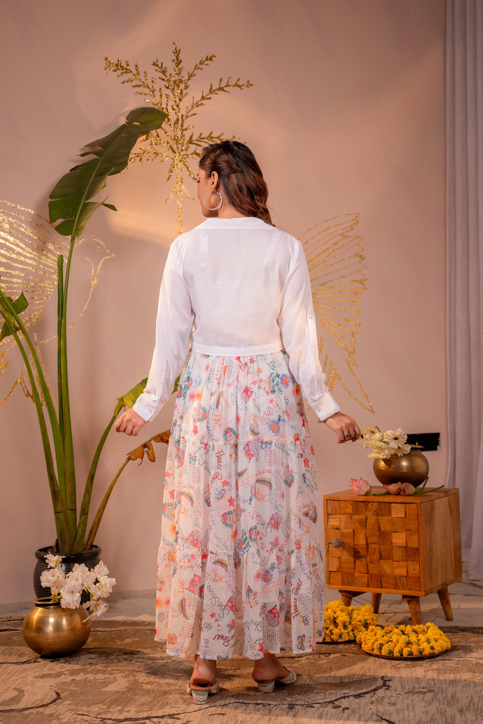 Ivory Whimsical Printed Maxi Dress with Cropped Jacket Ivory Whimsical Printed Maxi Dress with Cropped Jacket