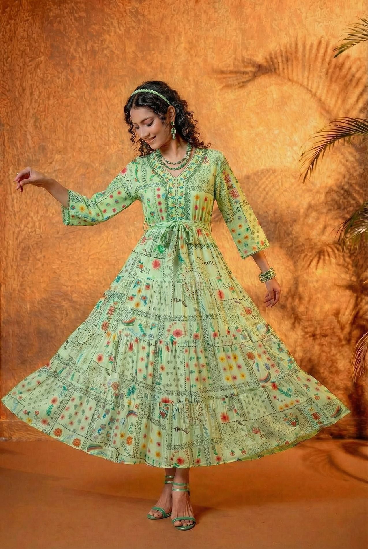 Mint Green Floral Folk Printed Tiered Maxi Dress