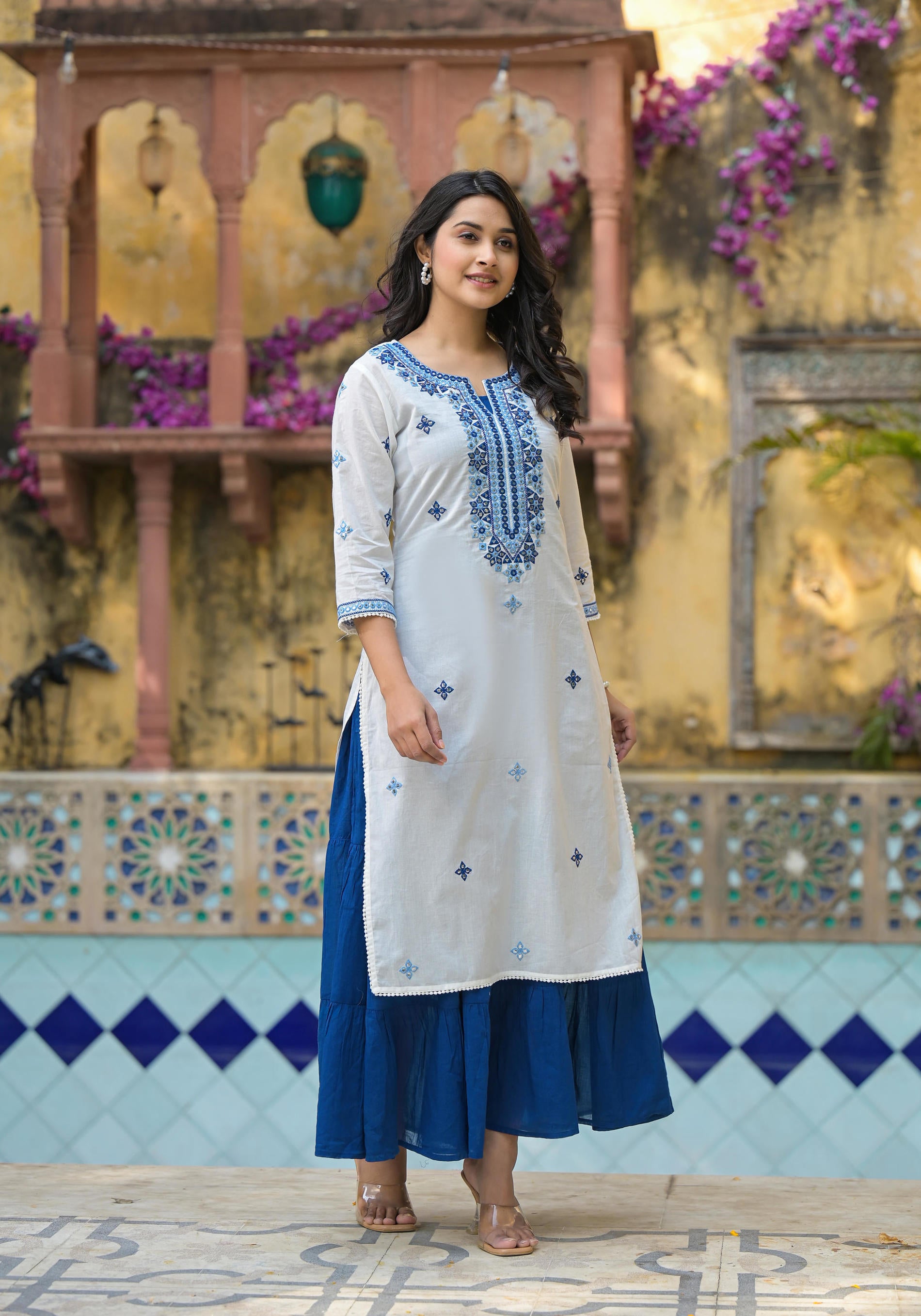 White & Blue Solid Cotton Long Dress With Thread & Mirror Work