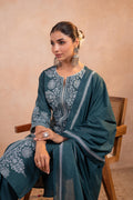Teal  Printed Kurta Pant And Dupatta Set