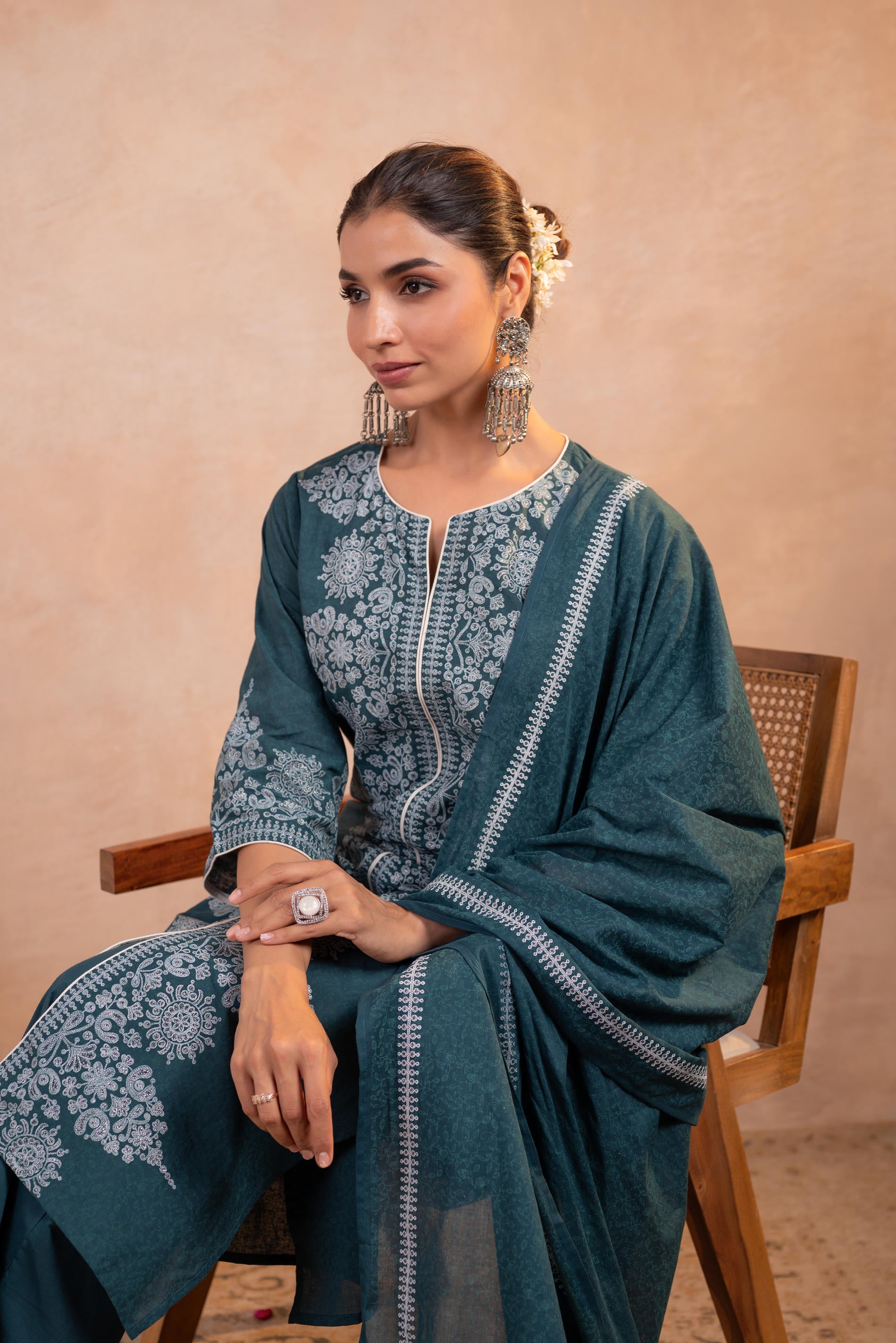 Teal  Printed Kurta Pant And Dupatta Set