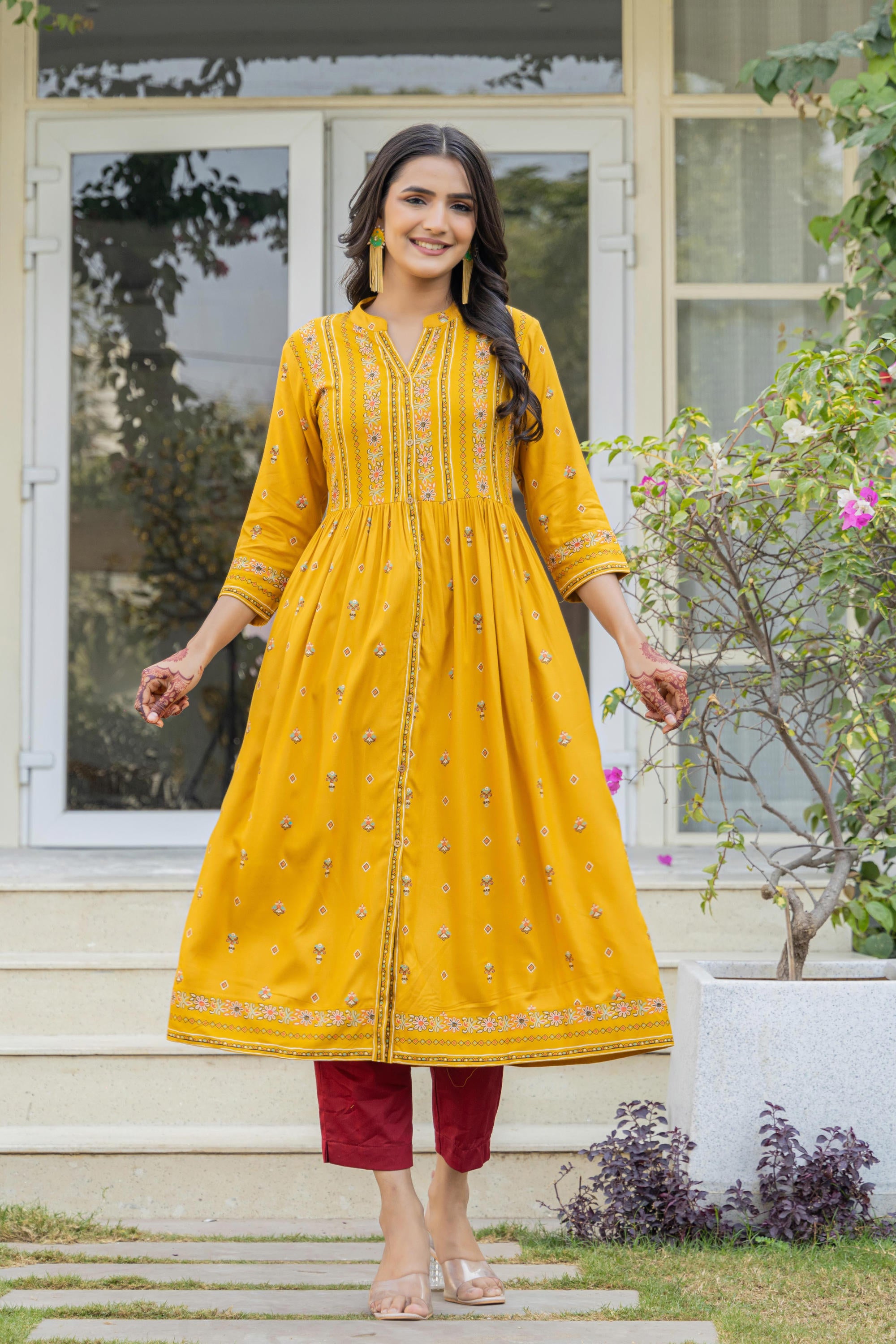 Mustard Floral Printed Cotton Kurta With Thread Work & Lace