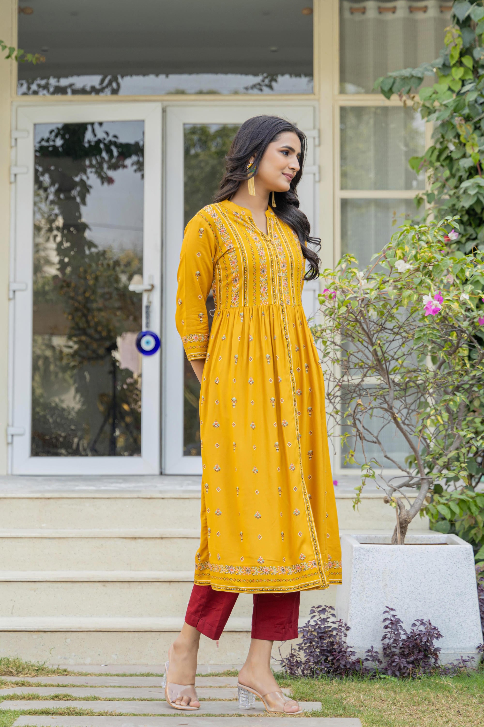 Mustard Floral Printed Cotton Kurta With Thread Work & Lace