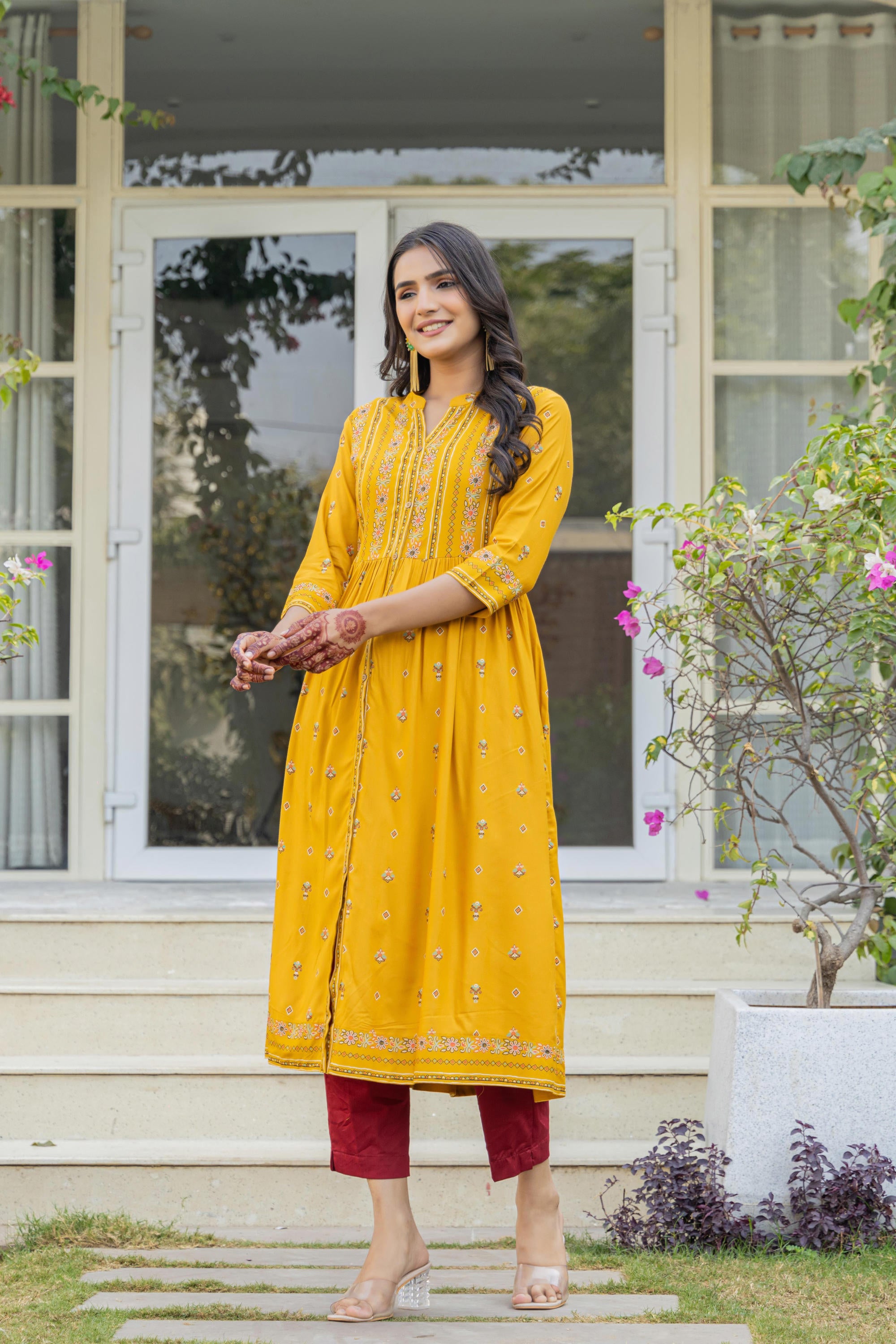 Mustard Floral Printed Cotton Kurta With Thread Work & Lace