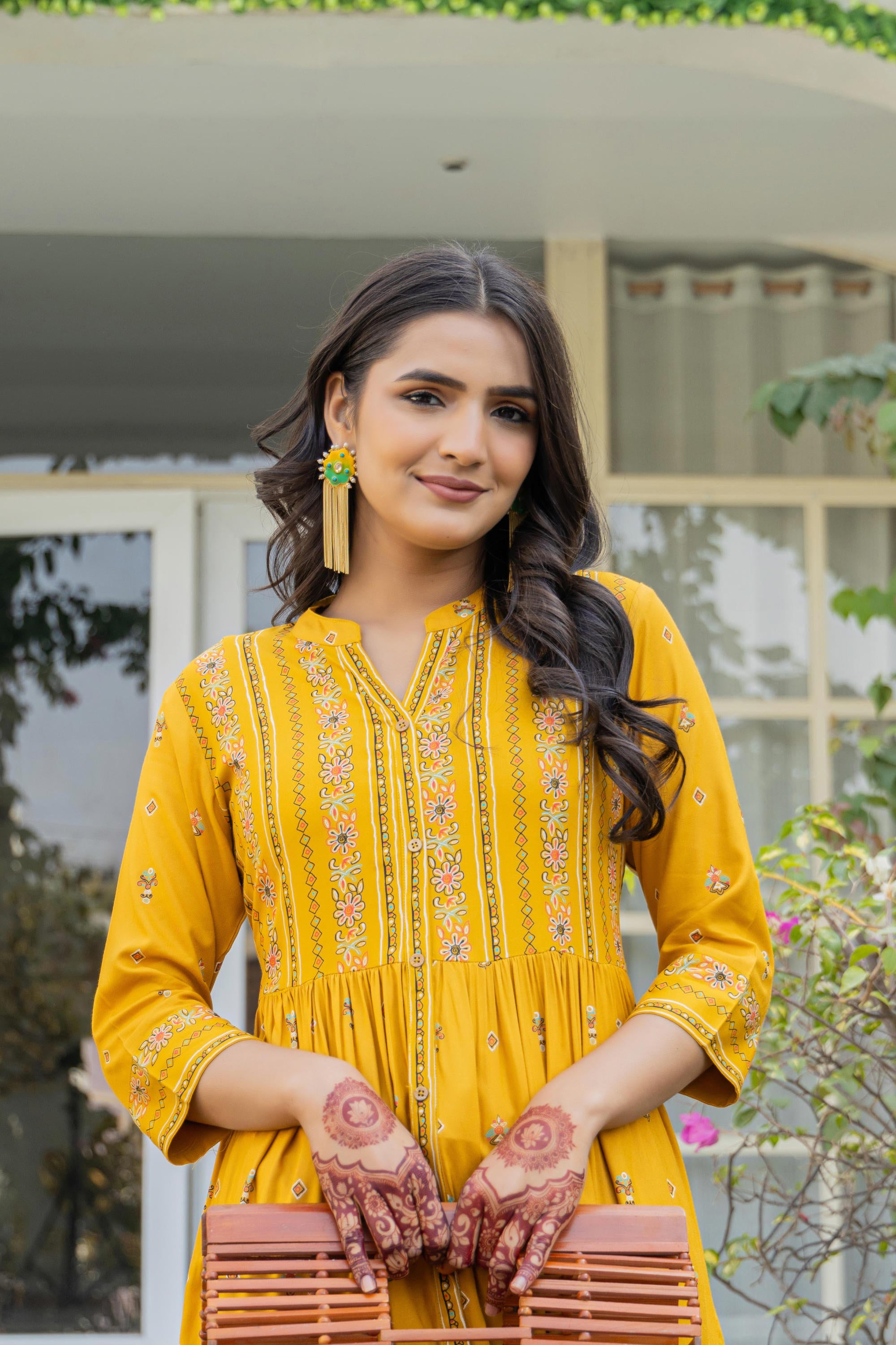 Mustard Floral Printed Cotton Kurta With Thread Work & Lace