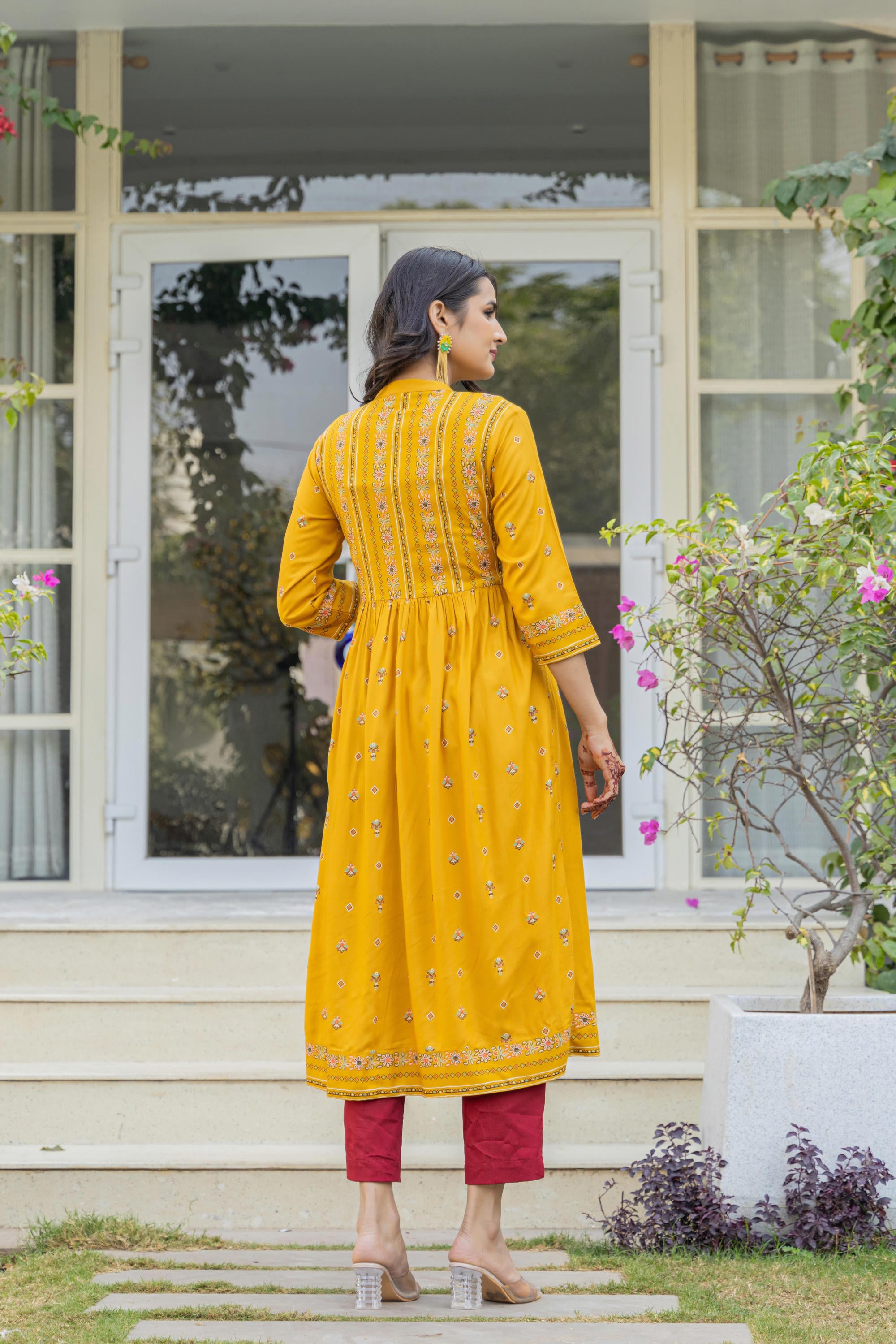 Mustard Floral Printed Cotton Kurta With Thread Work & Lace