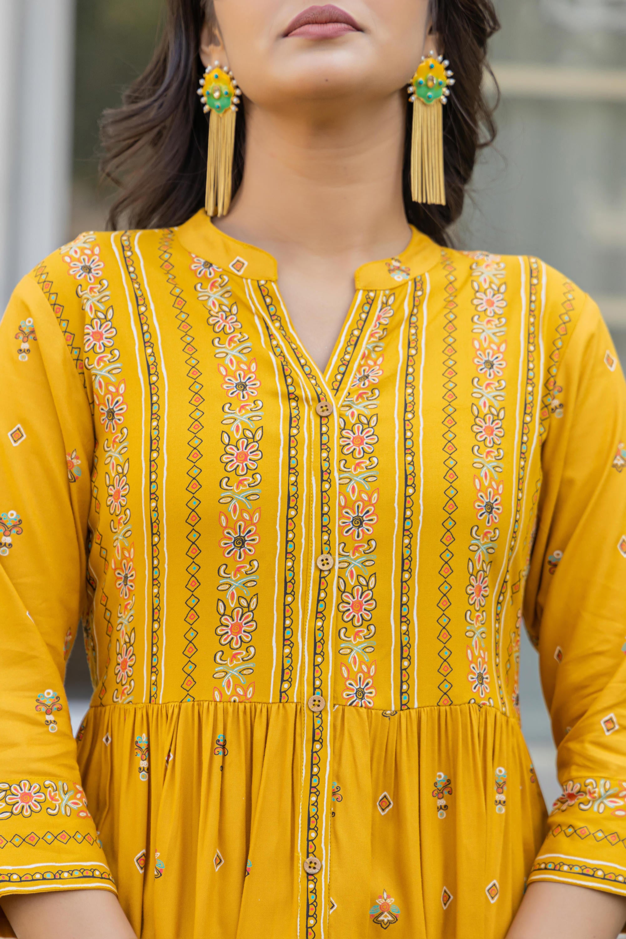 Mustard Floral Printed Cotton Kurta With Thread Work & Lace