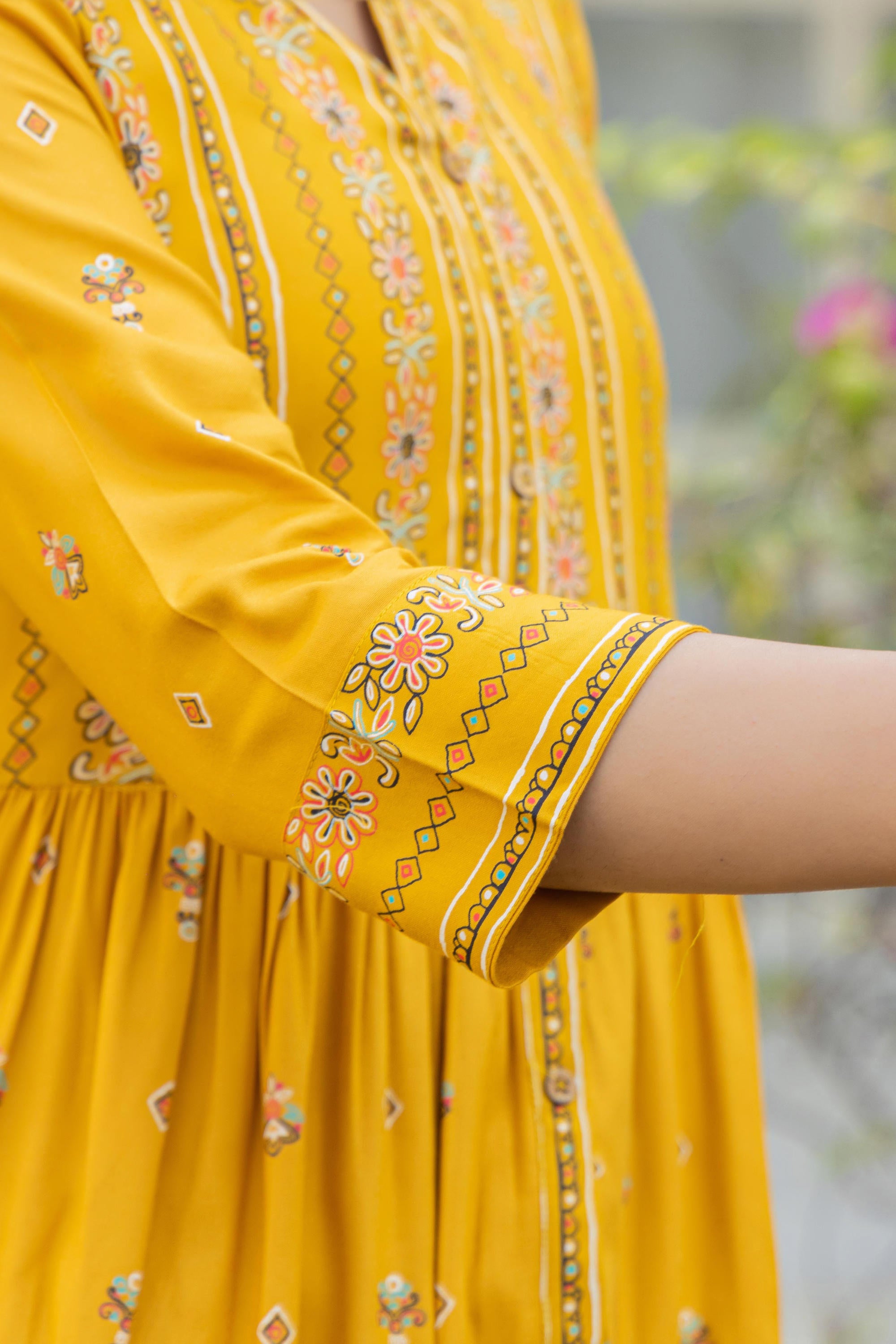 Mustard Floral Printed Cotton Kurta With Thread Work & Lace