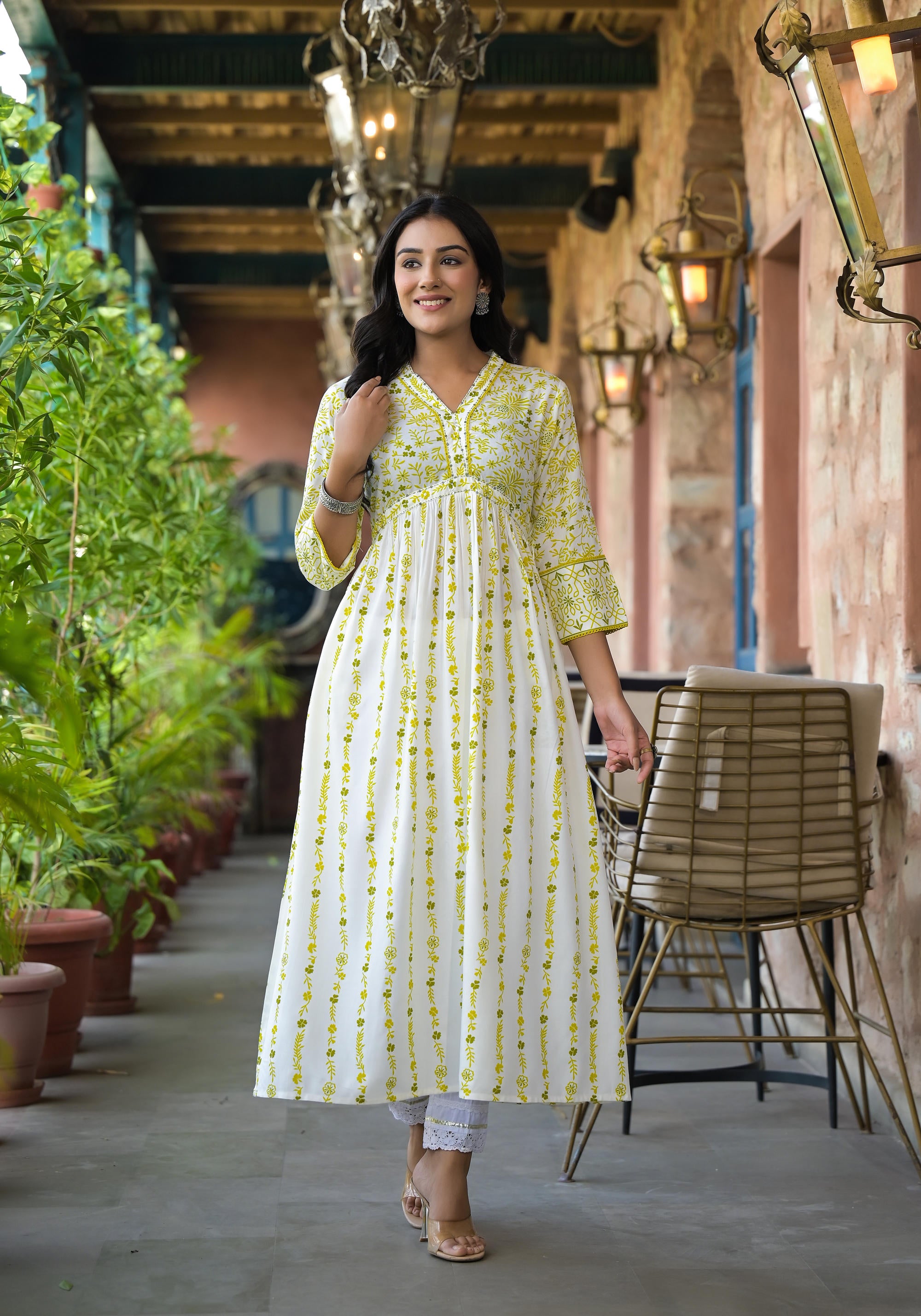 Off White & Lime Floral Printed Viscose Kurta With Sequins & Thread Work