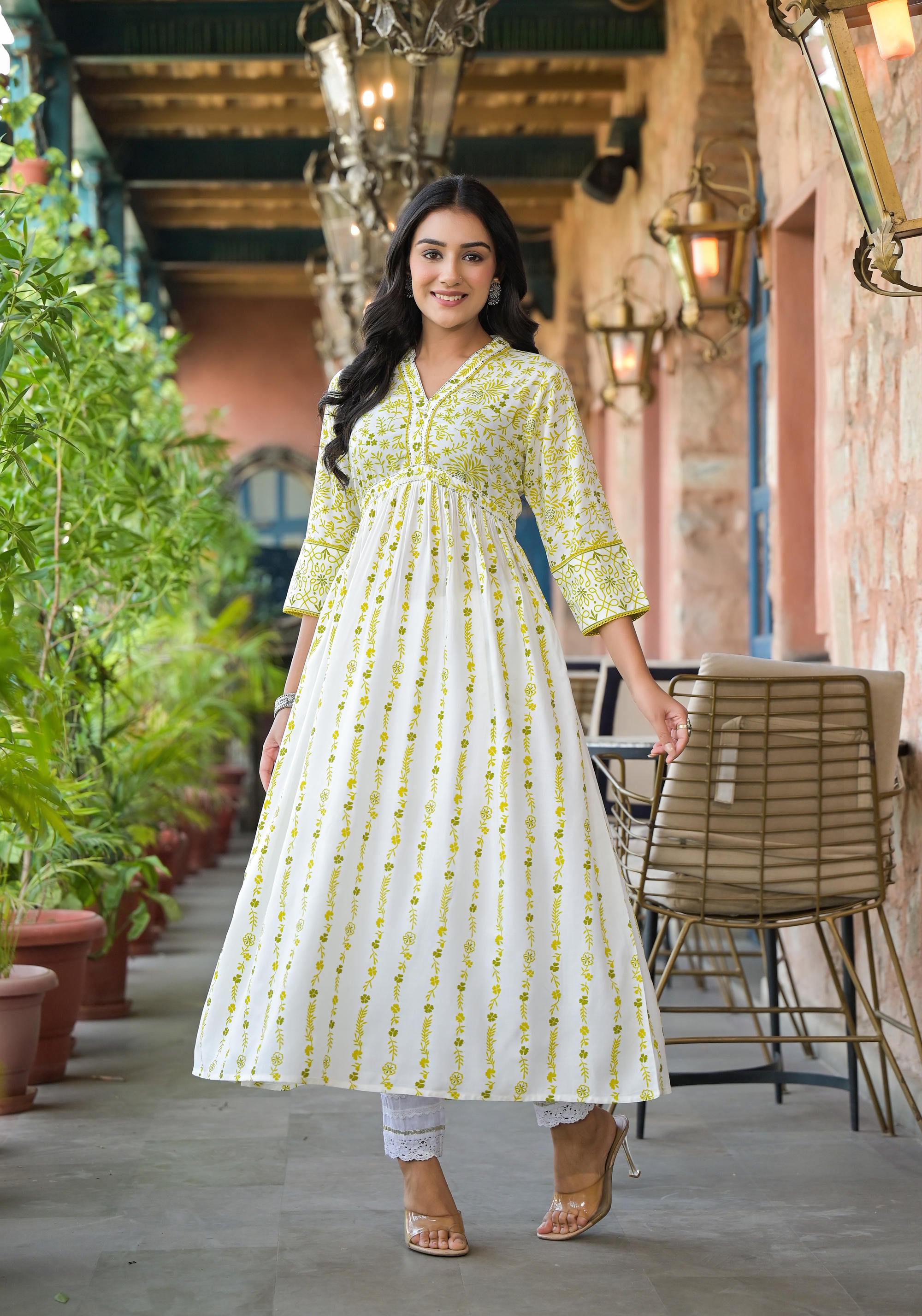 Off White & Lime Floral Printed Viscose Kurta With Sequins & Thread Work