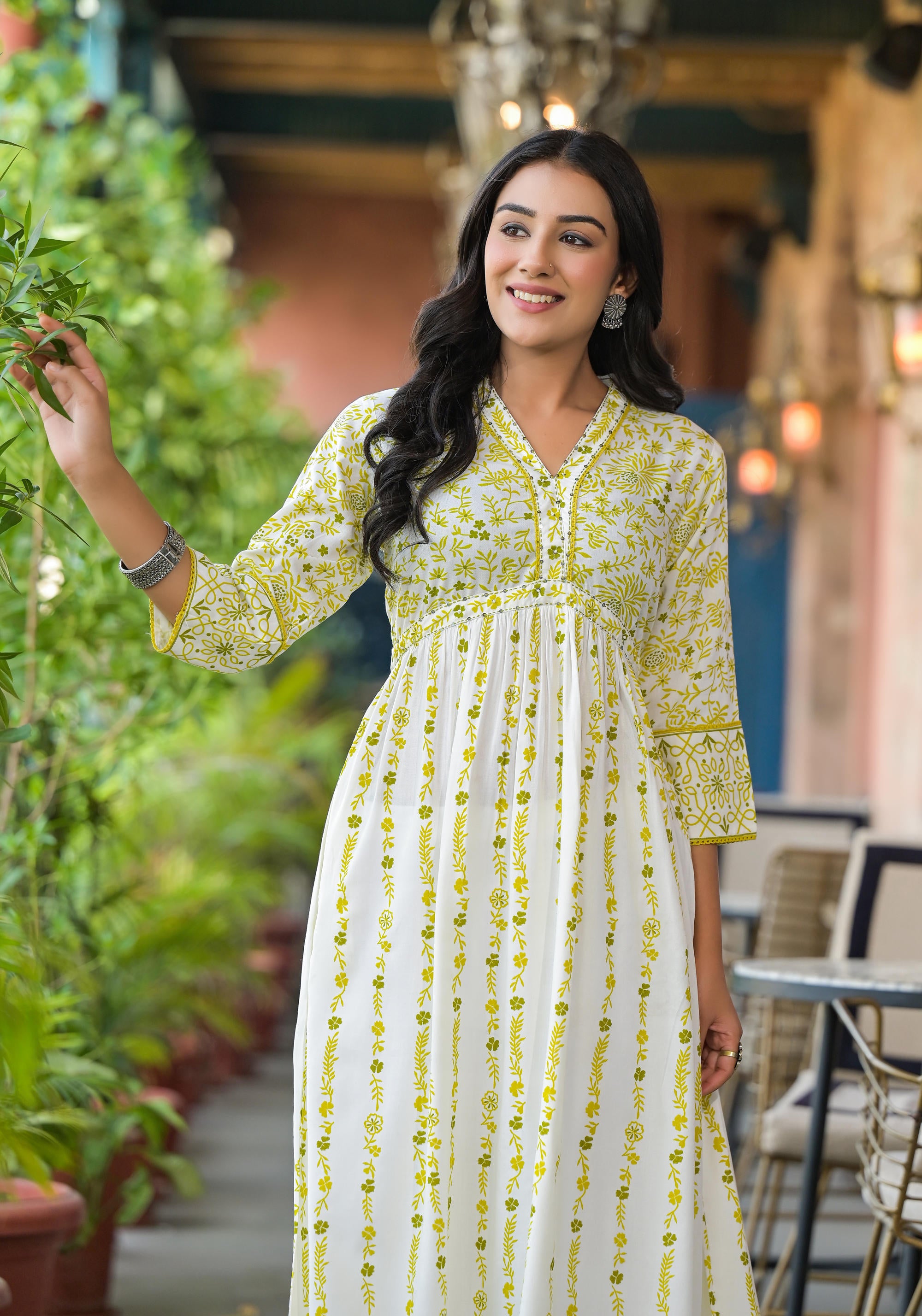 Off White & Lime Floral Printed Viscose Kurta With Sequins & Thread Work