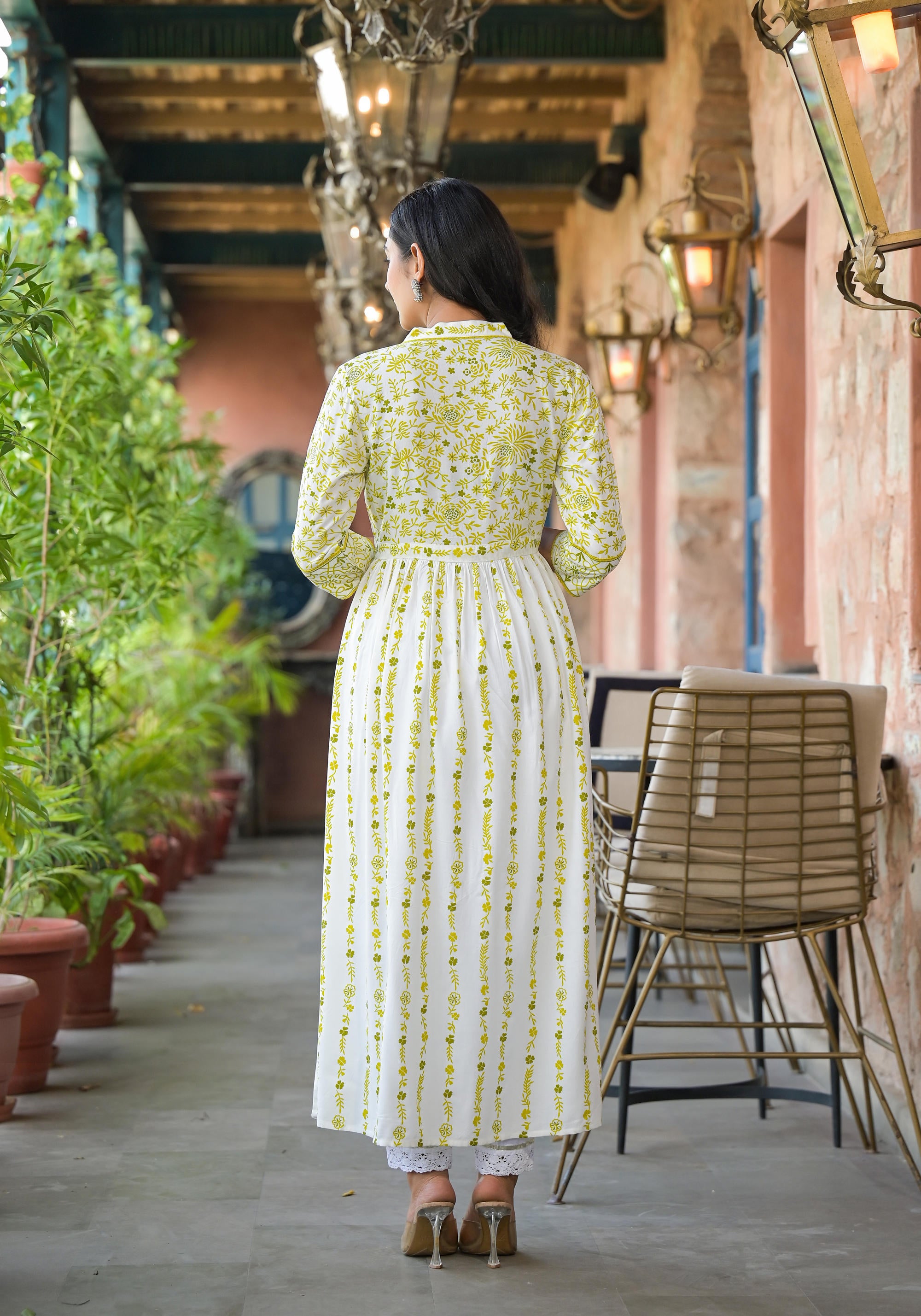 Off White & Lime Floral Printed Viscose Kurta With Sequins & Thread Work