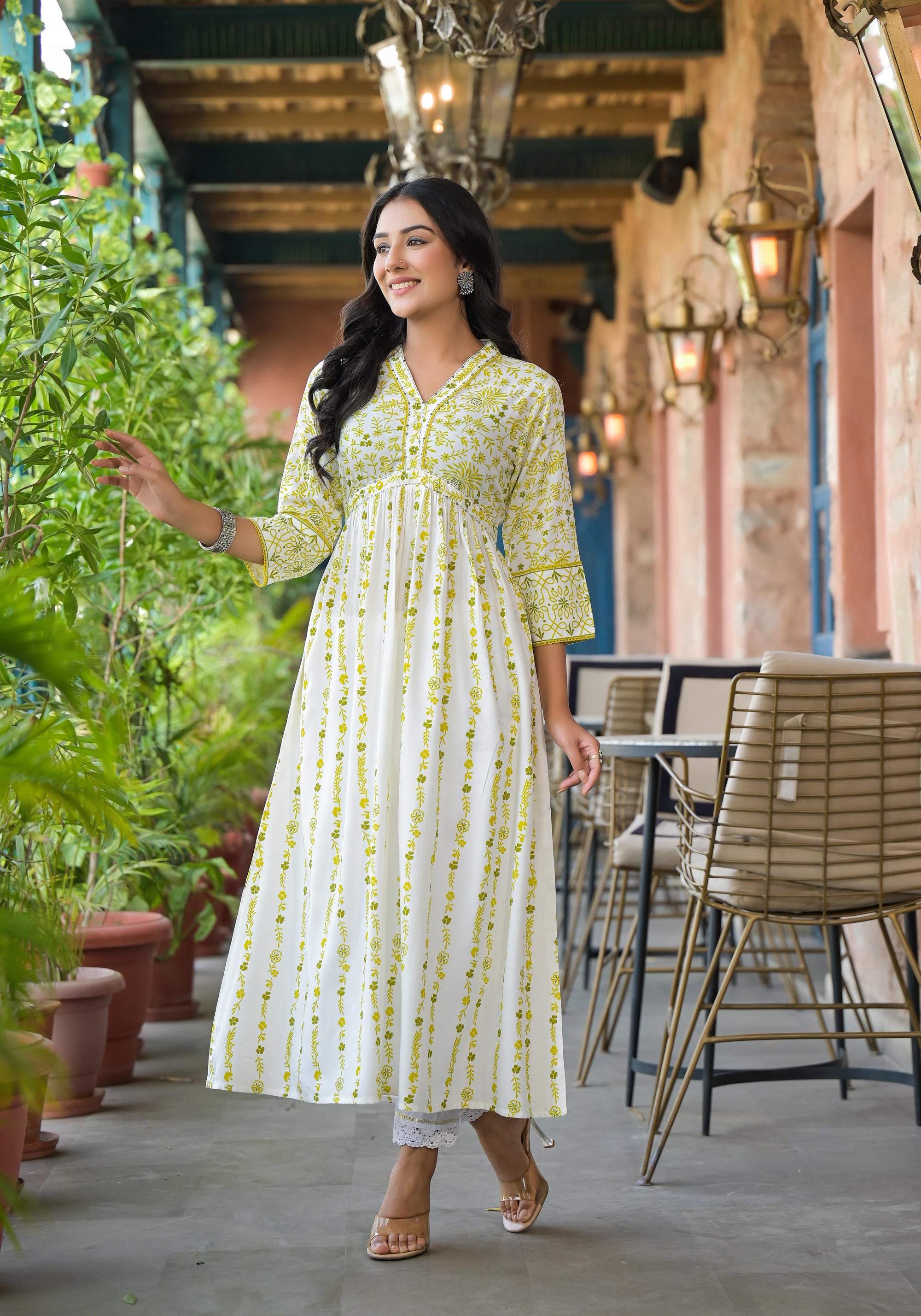 Off White & Lime Floral Printed Viscose Kurta With Sequins & Thread Work