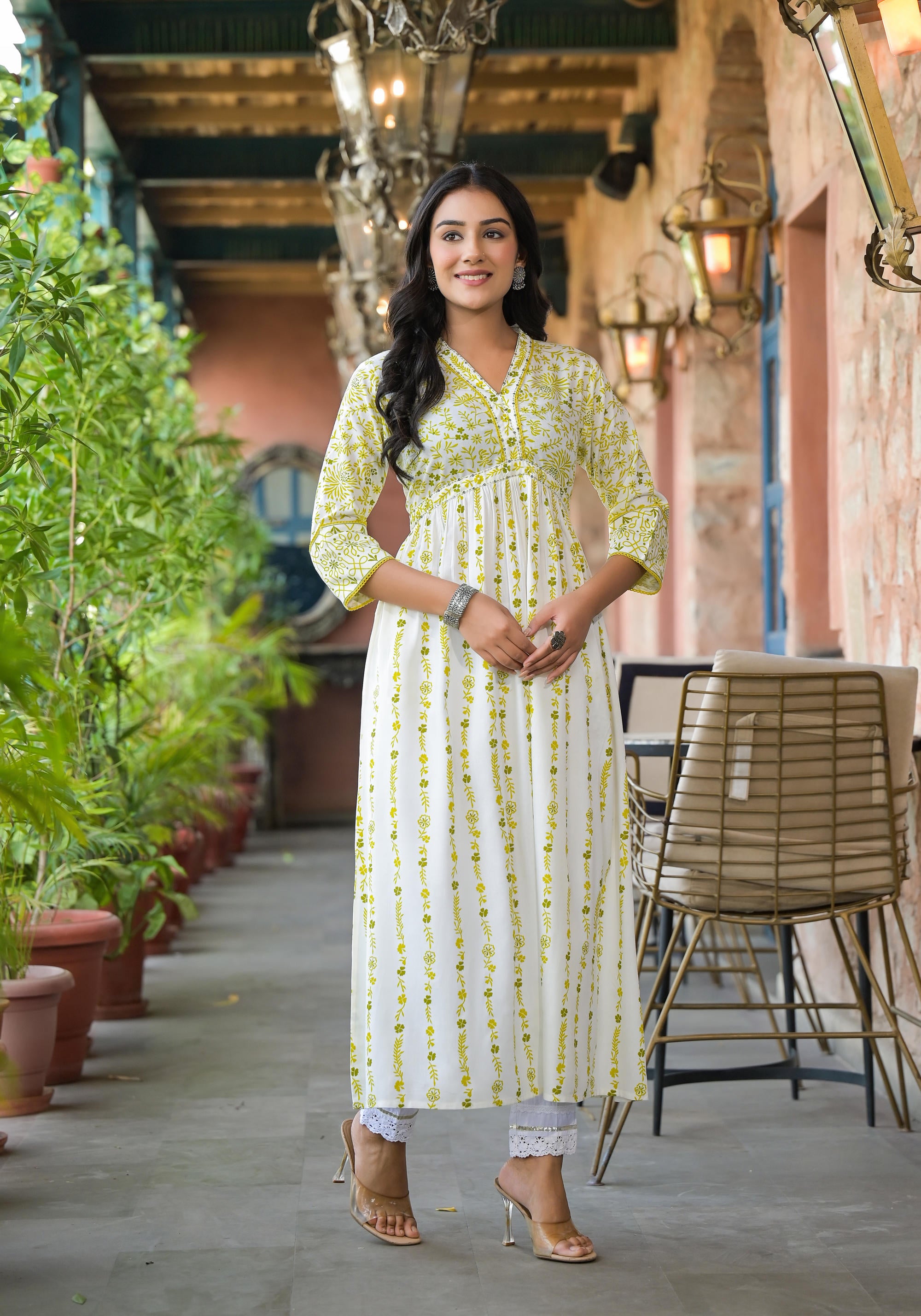 Off White & Lime Floral Printed Viscose Kurta With Sequins & Thread Work