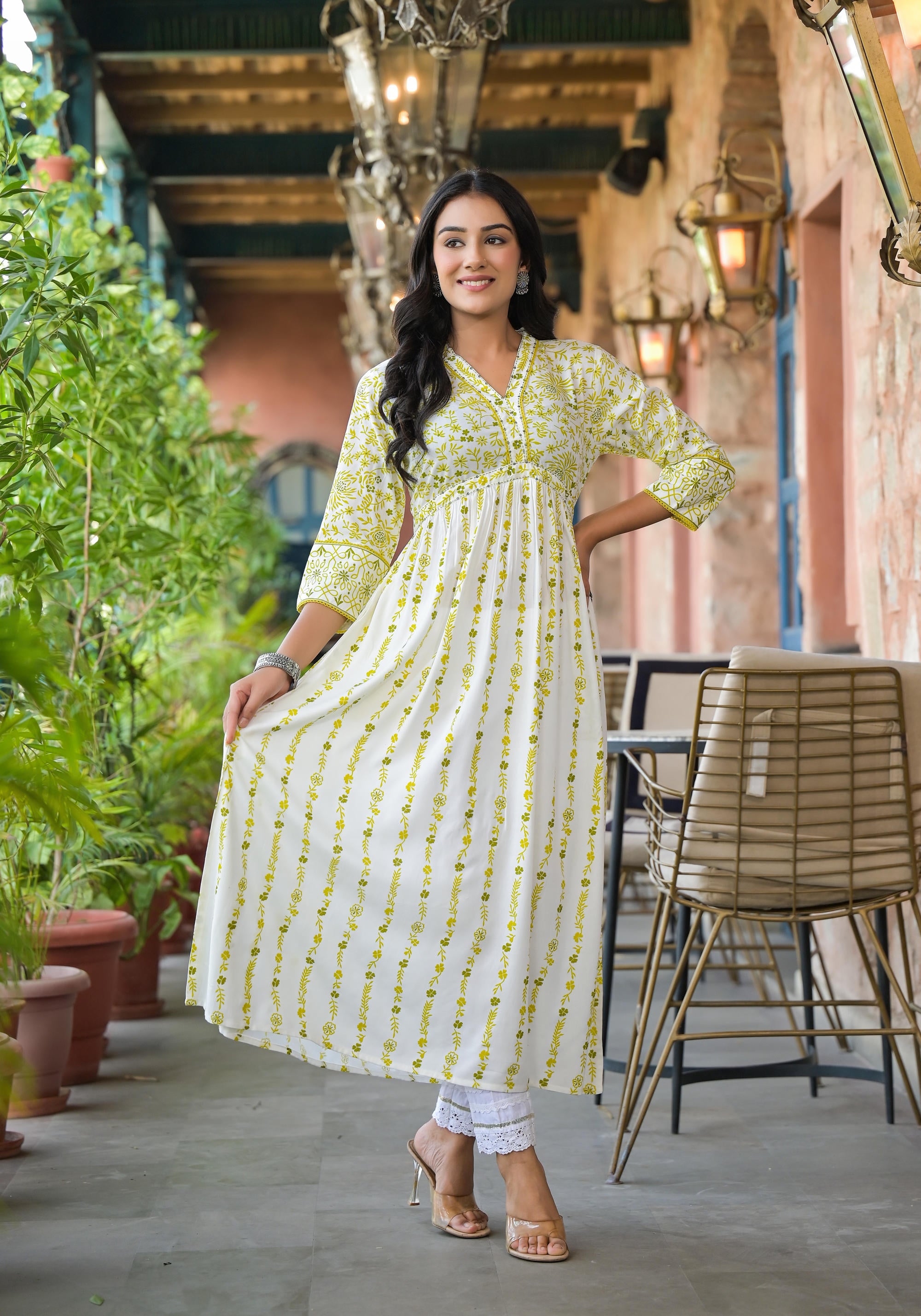 Off White & Lime Floral Printed Viscose Kurta With Sequins & Thread Work