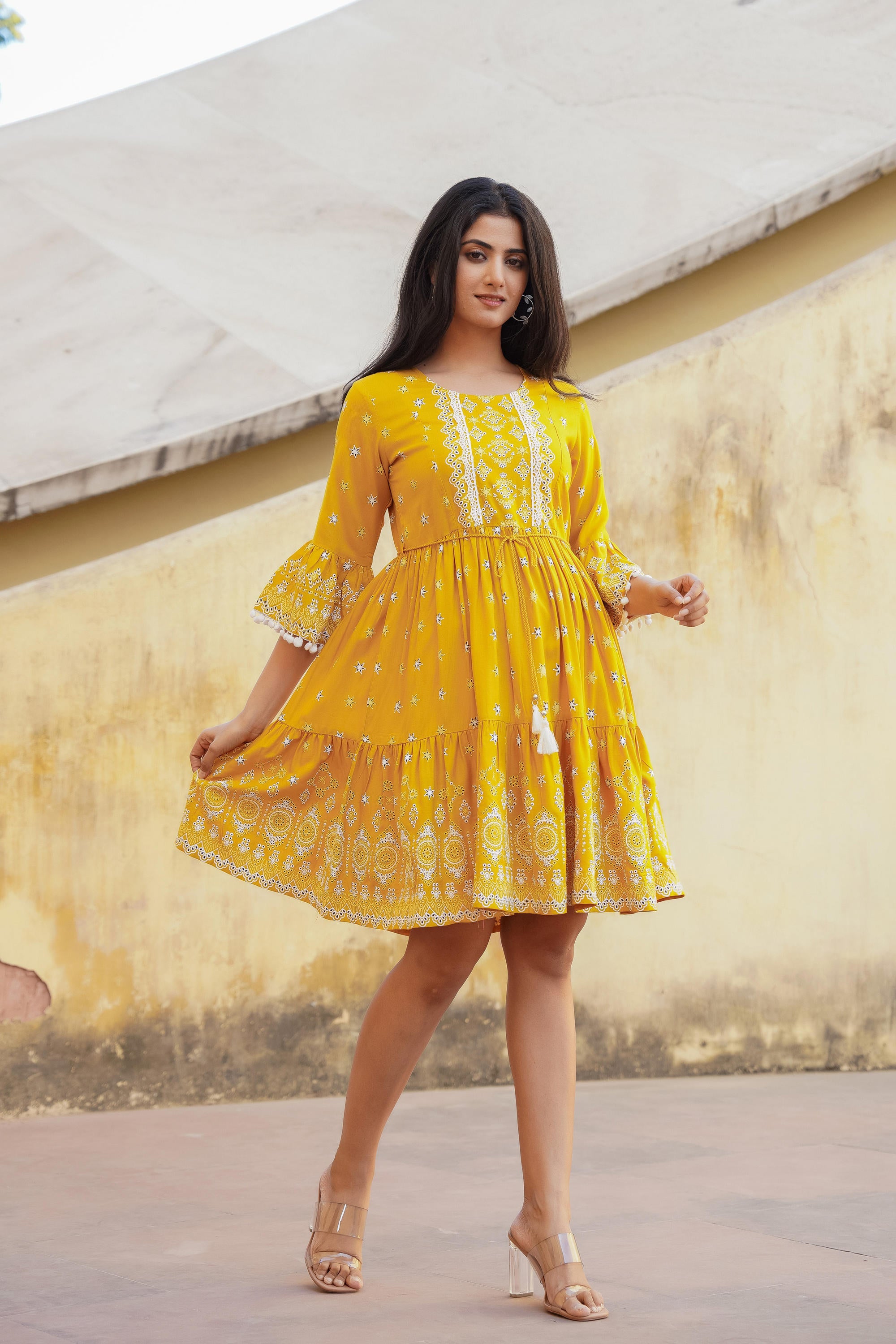 Mustard Ethnic Motif Printed Viscose Short Dress With Doris & Tassels