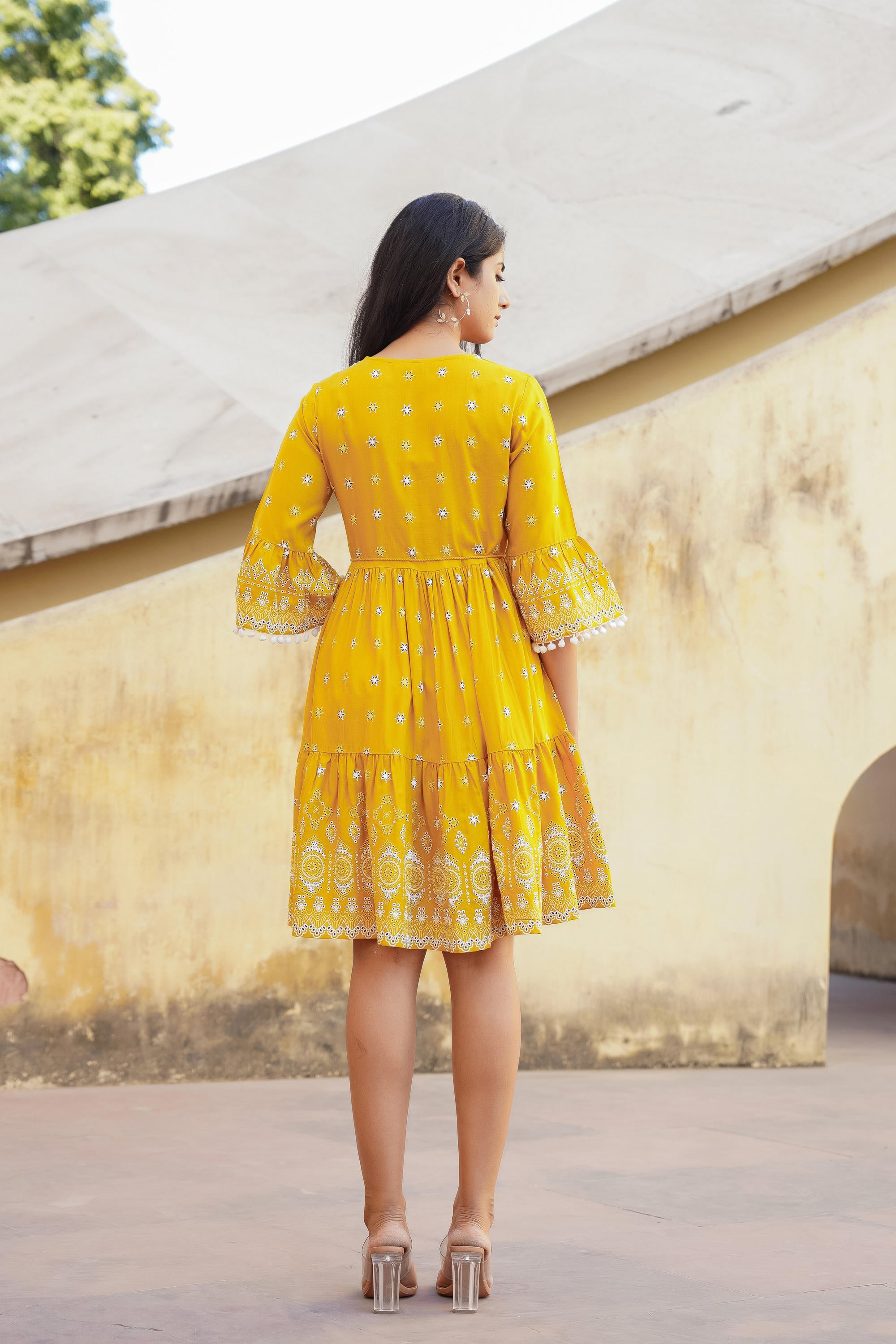 Mustard Ethnic Motif Printed Viscose Short Dress With Doris & Tassels