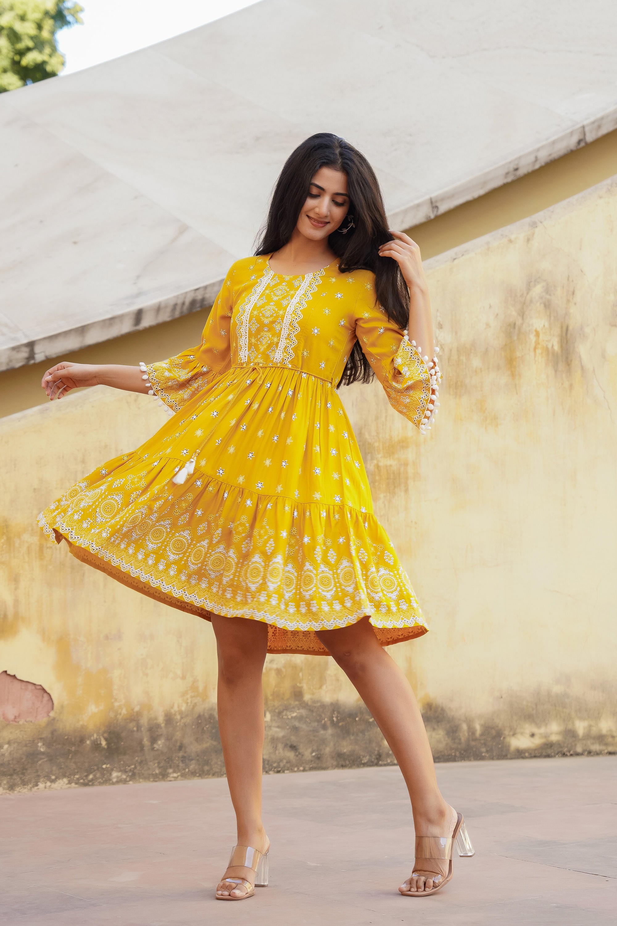 Mustard Ethnic Motif Printed Viscose Short Dress With Doris & Tassels