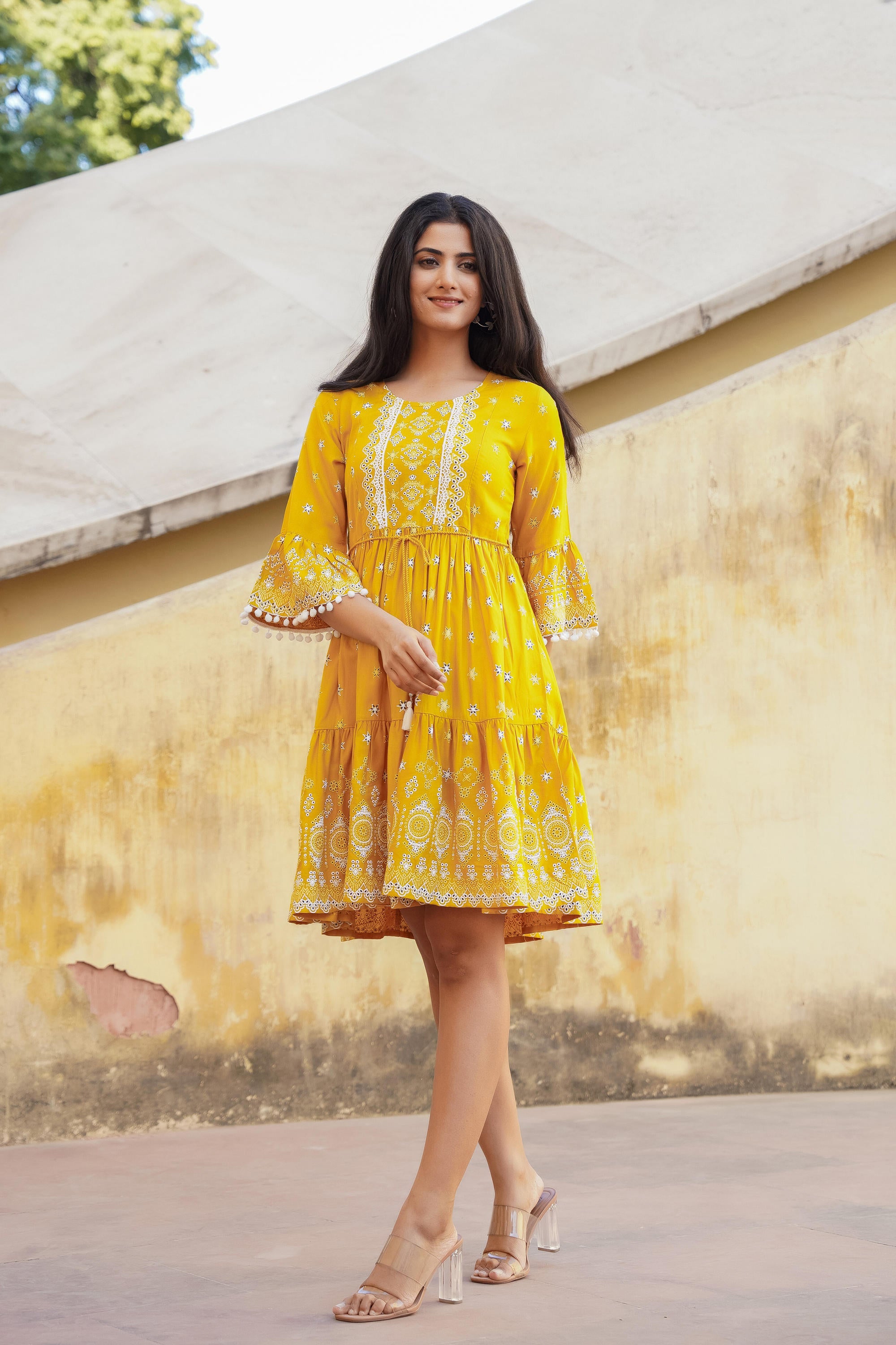 Mustard Ethnic Motif Printed Viscose Short Dress With Doris & Tassels