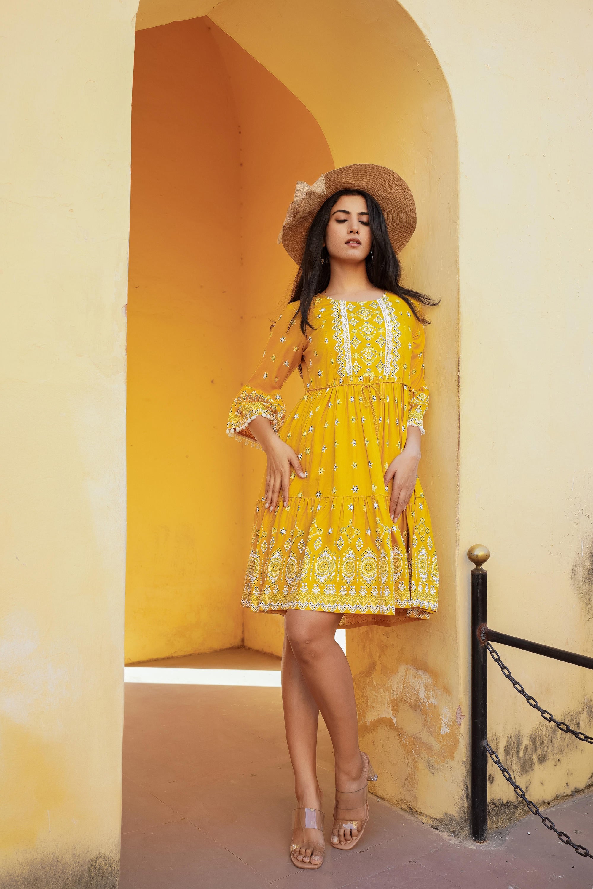 Mustard Ethnic Motif Printed Viscose Short Dress With Doris & Tassels