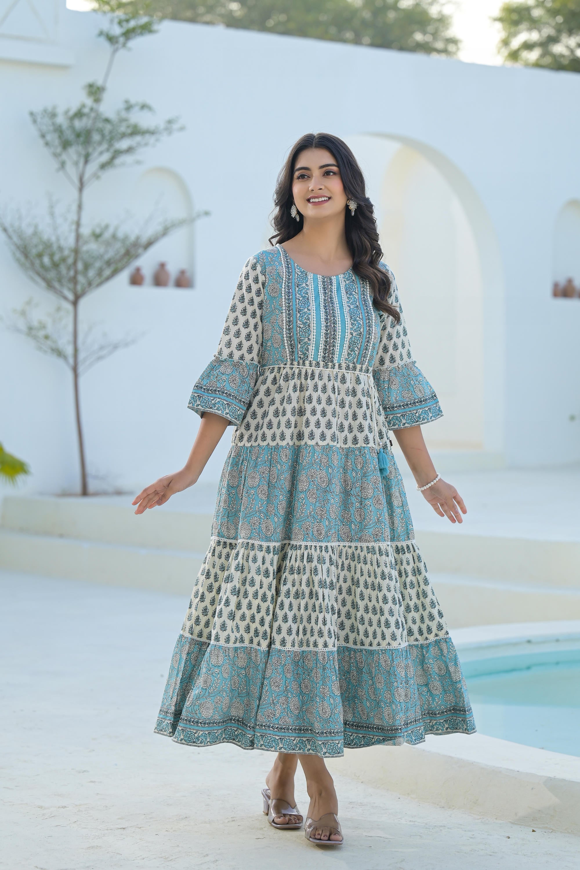 Sky Blue Ethnic Motif Printed Cotton Long Dress With Doris & Tassels