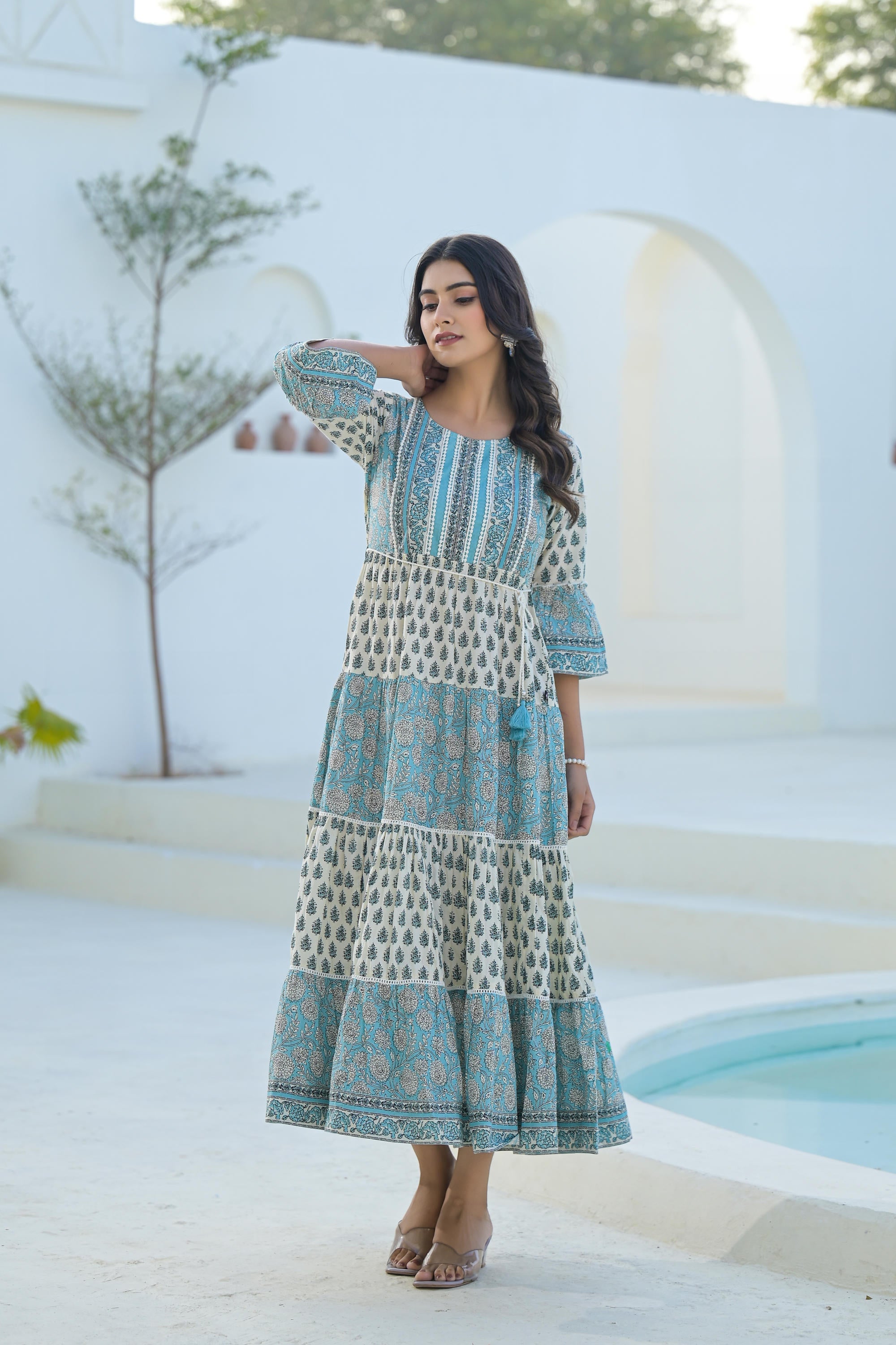 Sky Blue Ethnic Motif Printed Cotton Long Dress With Doris & Tassels