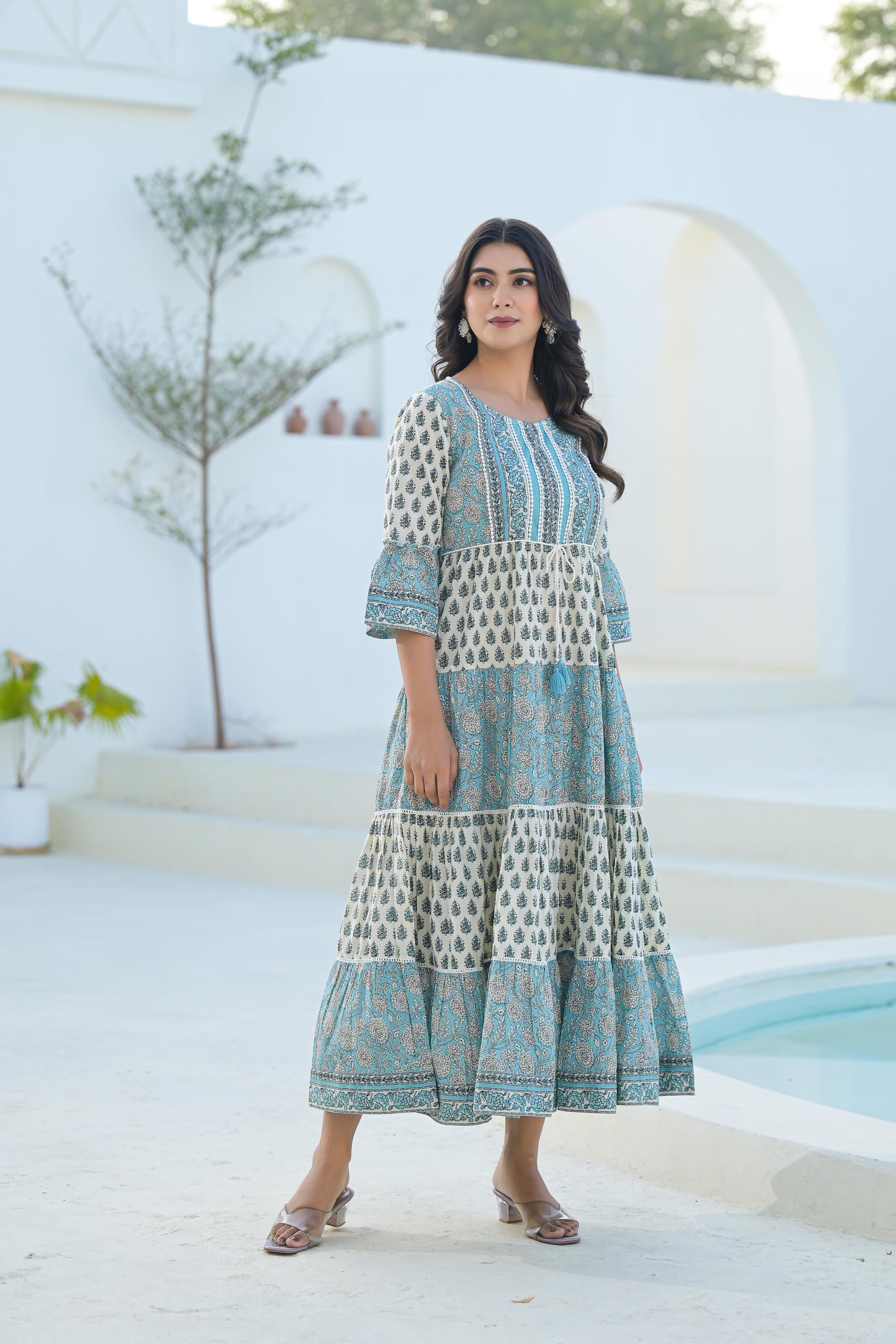 Sky Blue Ethnic Motif Printed Cotton Long Dress With Doris & Tassels