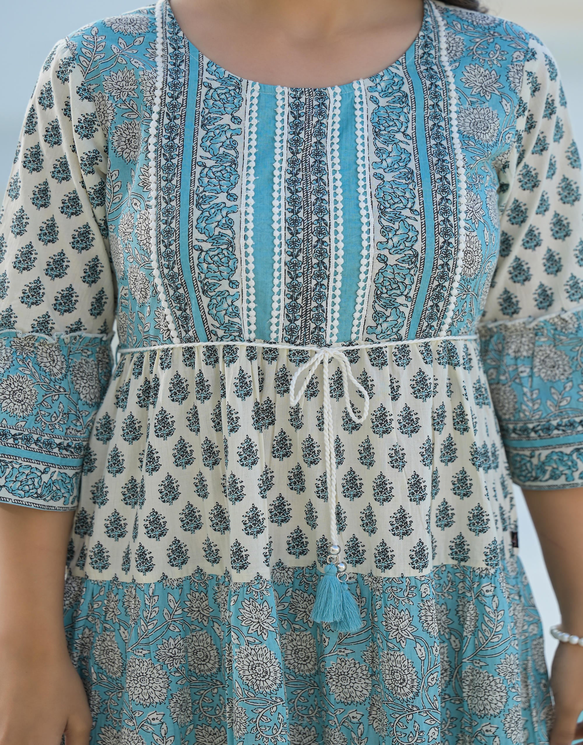 Sky Blue Ethnic Motif Printed Cotton Long Dress With Doris & Tassels