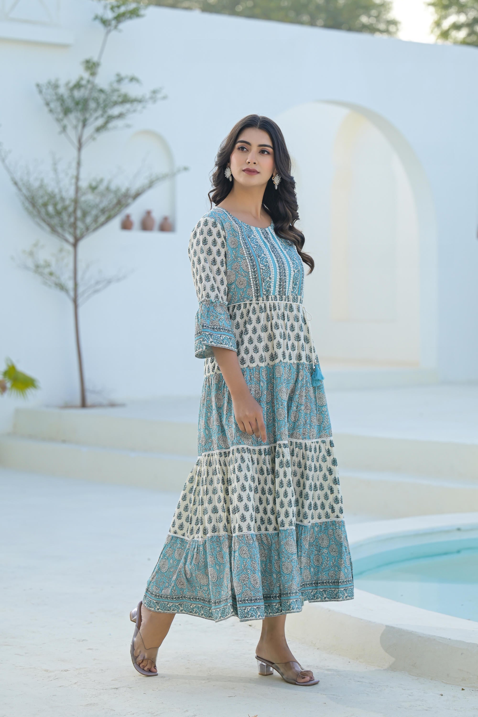 Sky Blue Ethnic Motif Printed Cotton Long Dress With Doris & Tassels