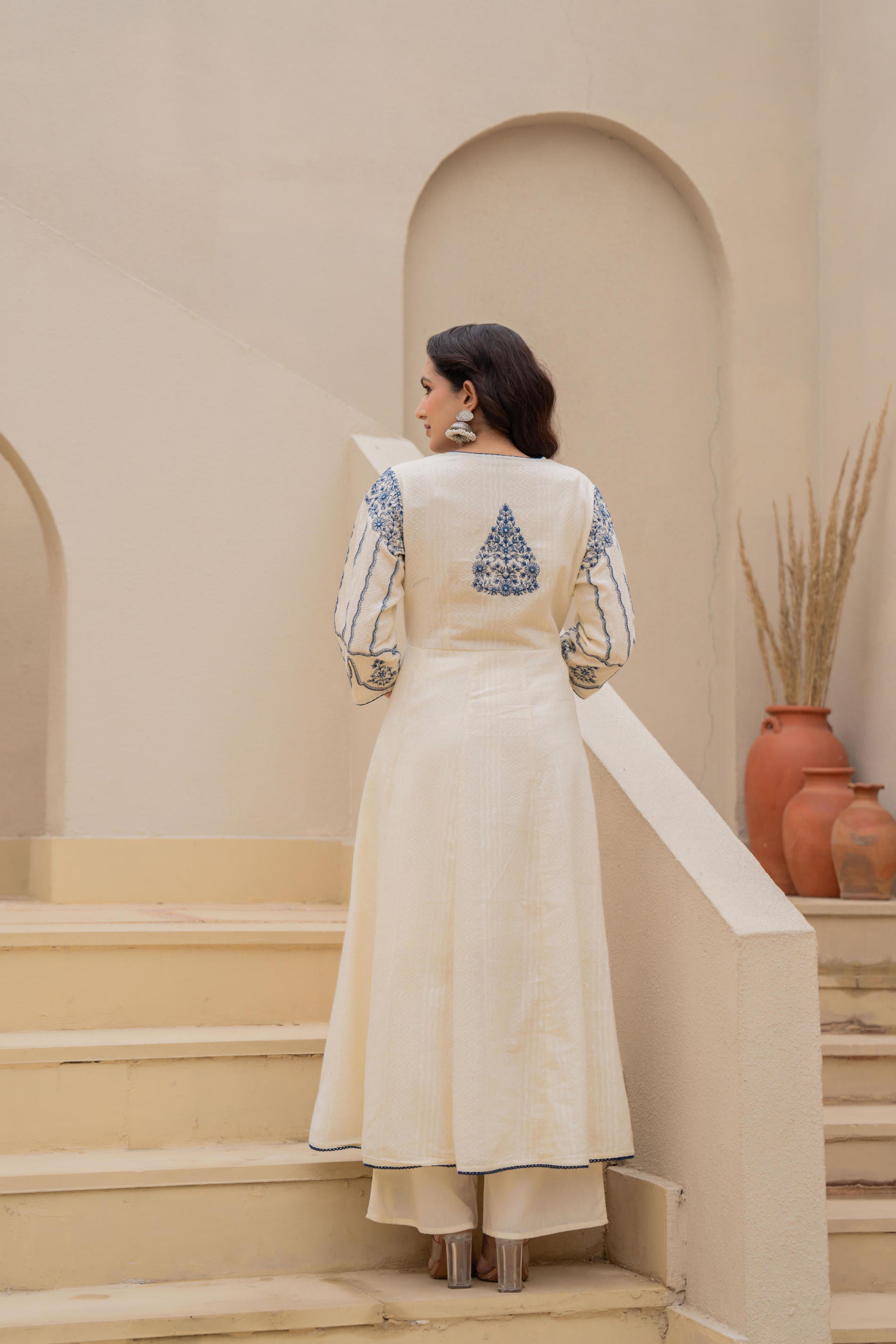 Off-white Anarkali Kurta Set with Blue Embroidery and Organza Dupatta