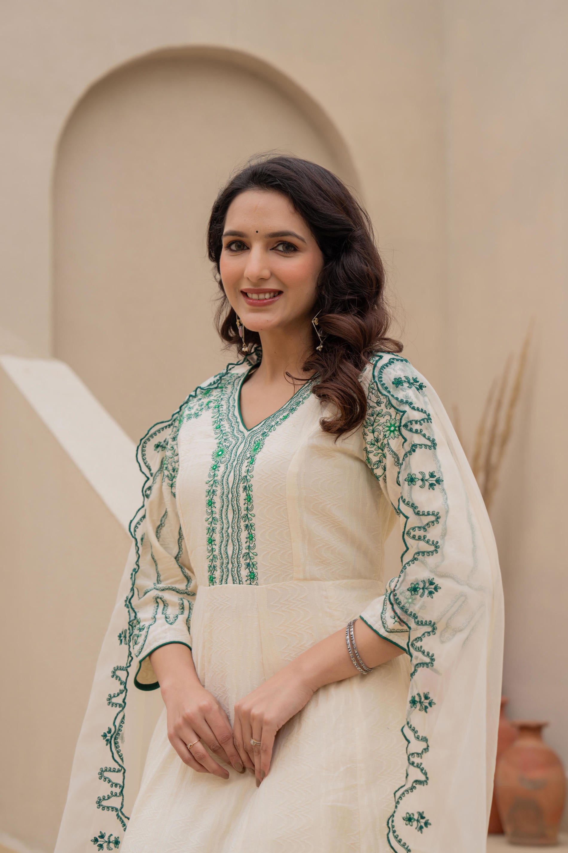 Off-white Anarkali Kurta Set with Green Embroidery and Organza Dupatta