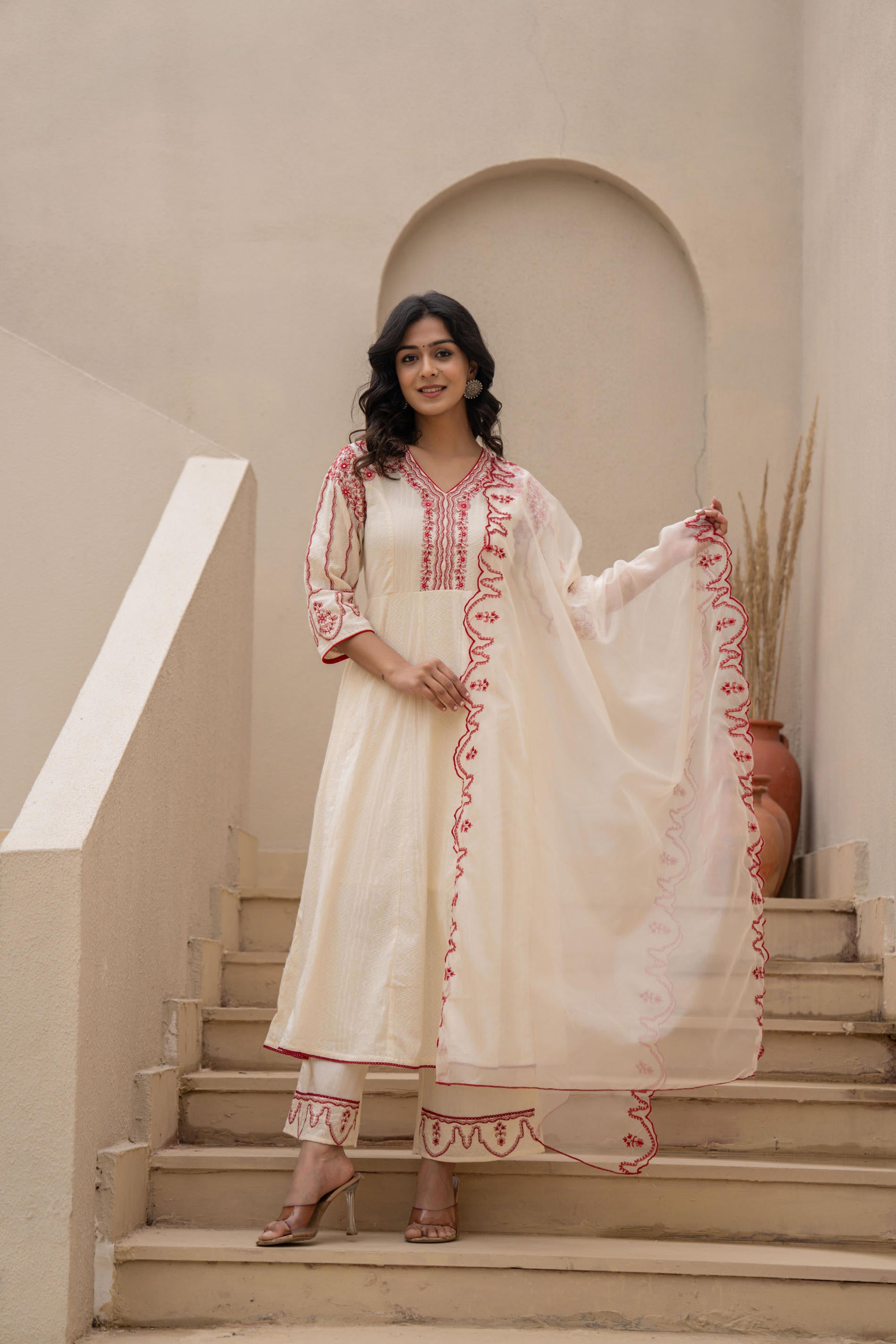 Off-white Anarkali Kurta Set with Red Embroidery and Organza Dupatta